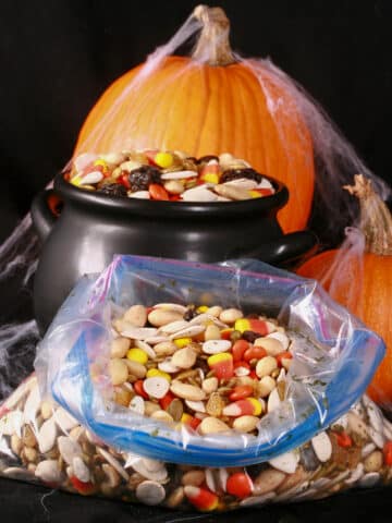 A small cauldron of halloween snack mix, with almonds, raisins, pumpkin seeds, candy corn, and more. There are pumpkins behind it, and a baggie of the same mix in front of it.