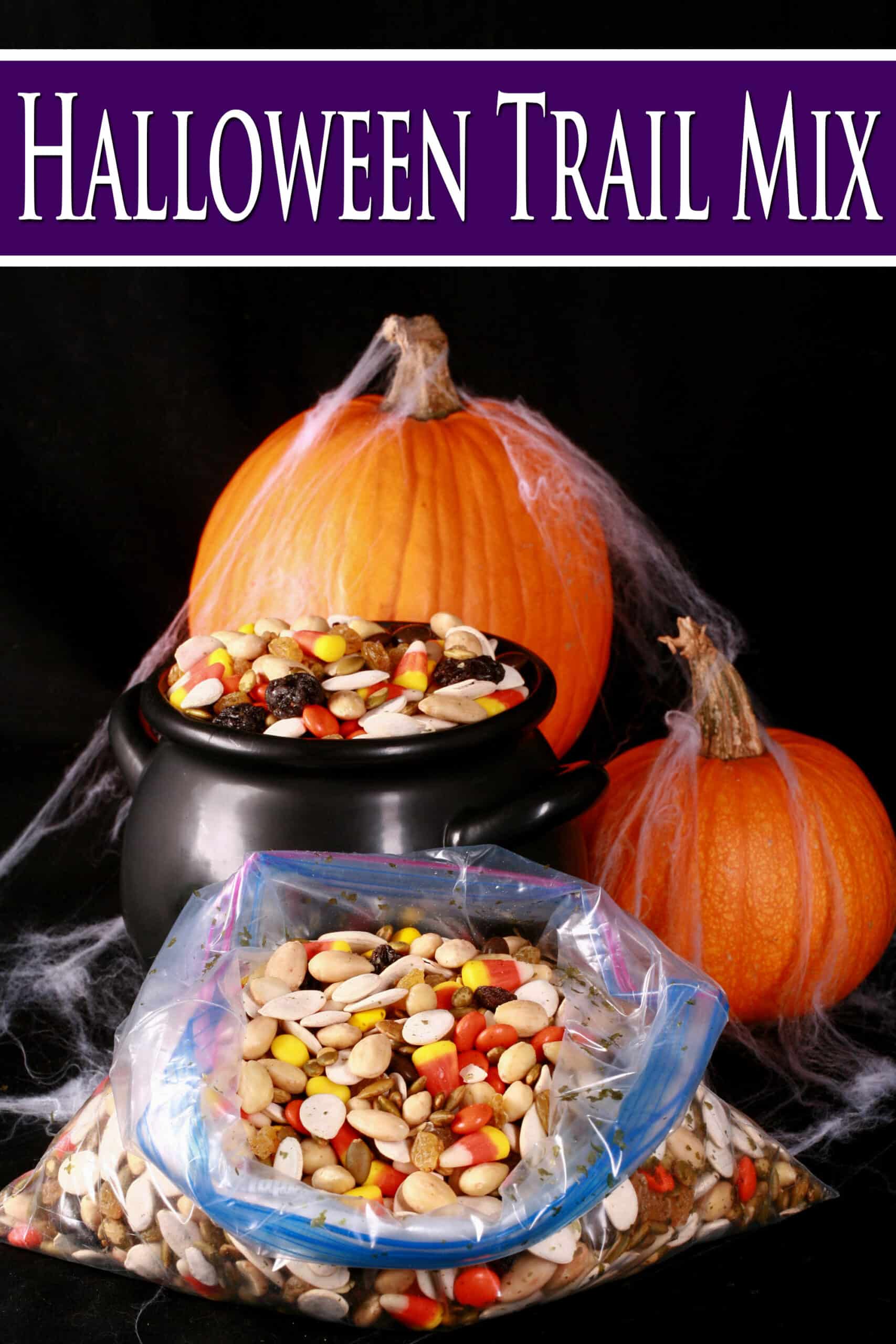 A small cauldron of halloween snack mix, with almonds, raisins, pumpkin seeds, candy corn, and more. There are pumpkins behind it, and a baggie of the same mix in front of it. Overlaid text says halloween trail mix.