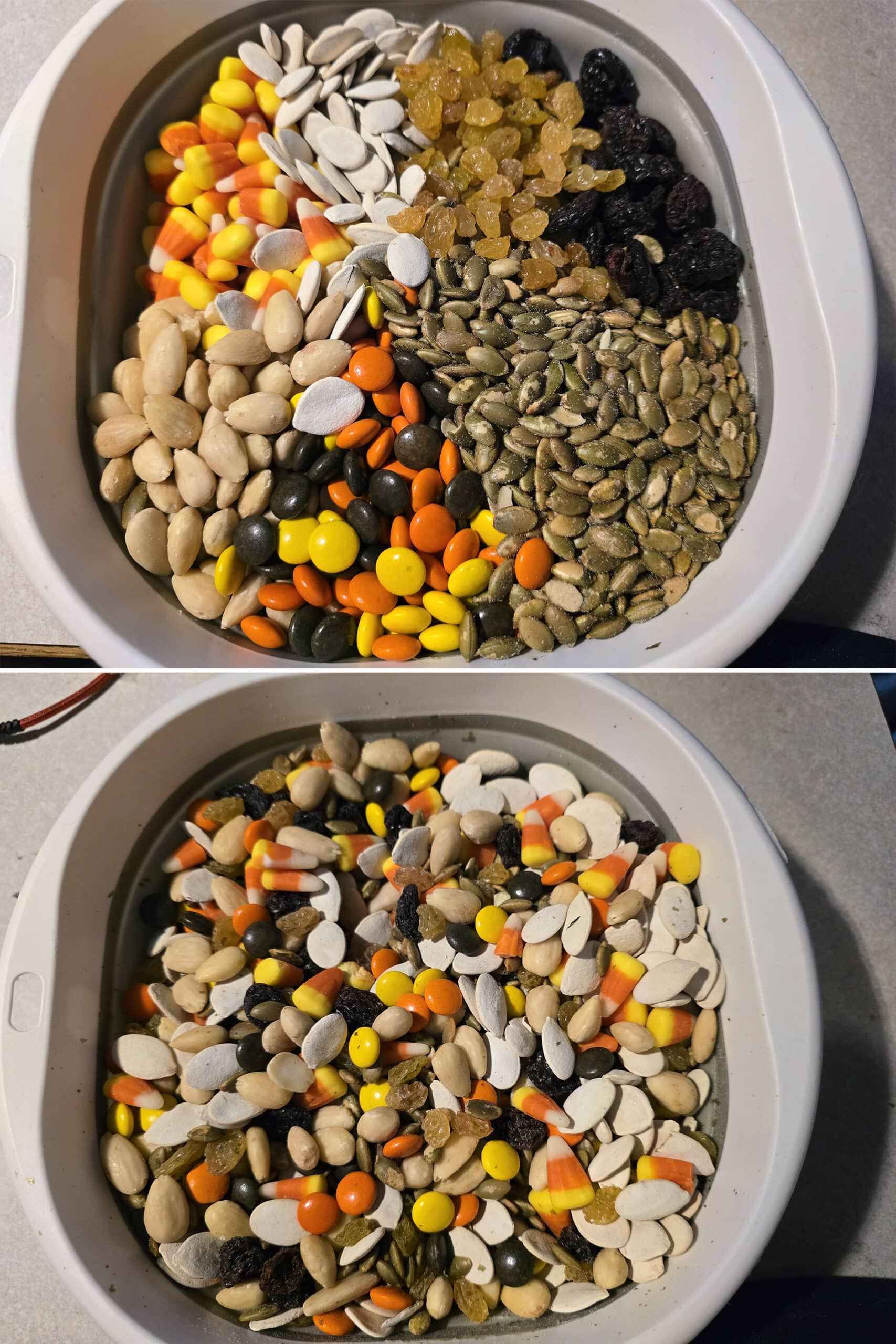 2 part image showing a batch of halloween trail mix being made in a large mixing bowl.