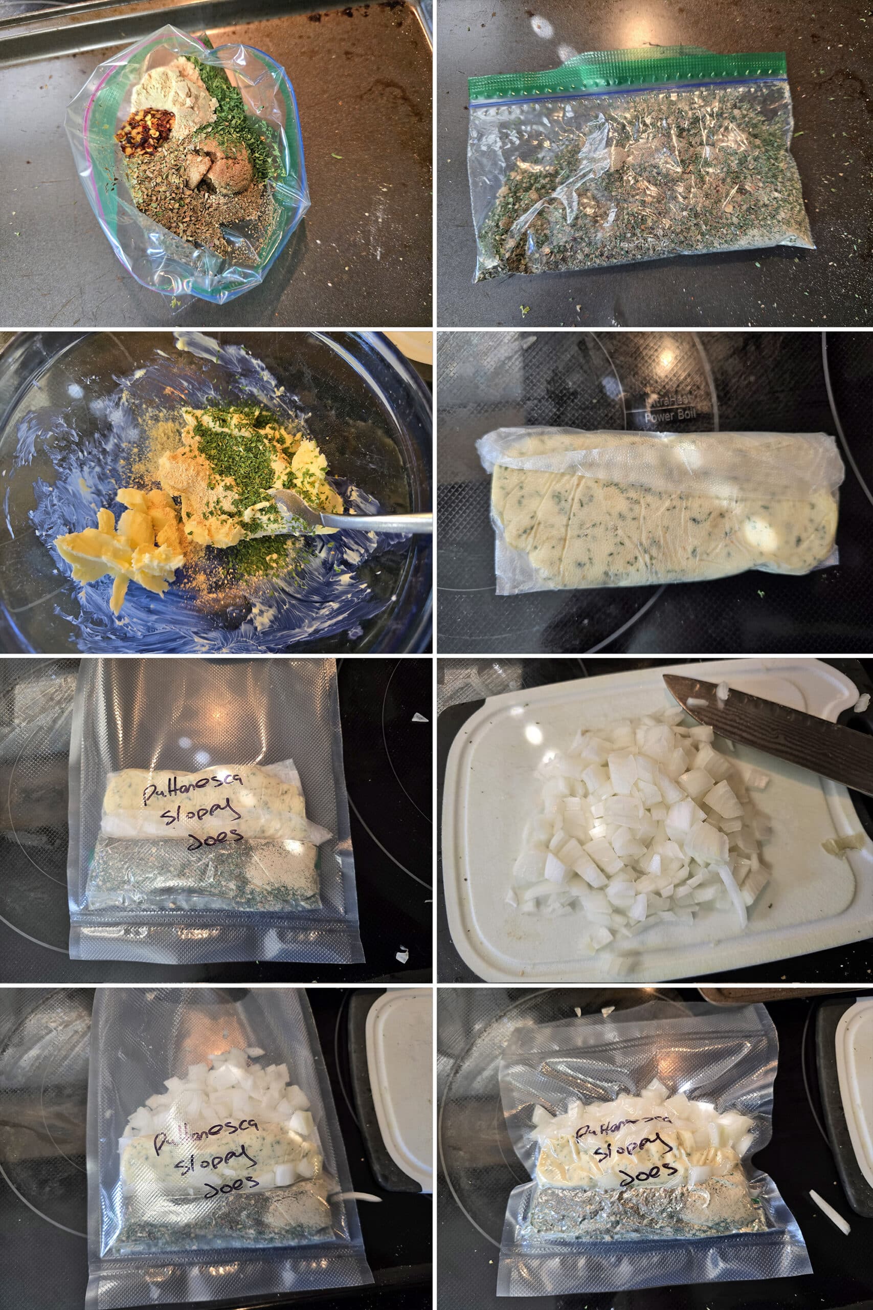 8 part image showing spices being mixed in a small baggie, garlic butter being mixed and wrapped in plastic, onions being chopped, and all of them sealed into a freezer baggie together.