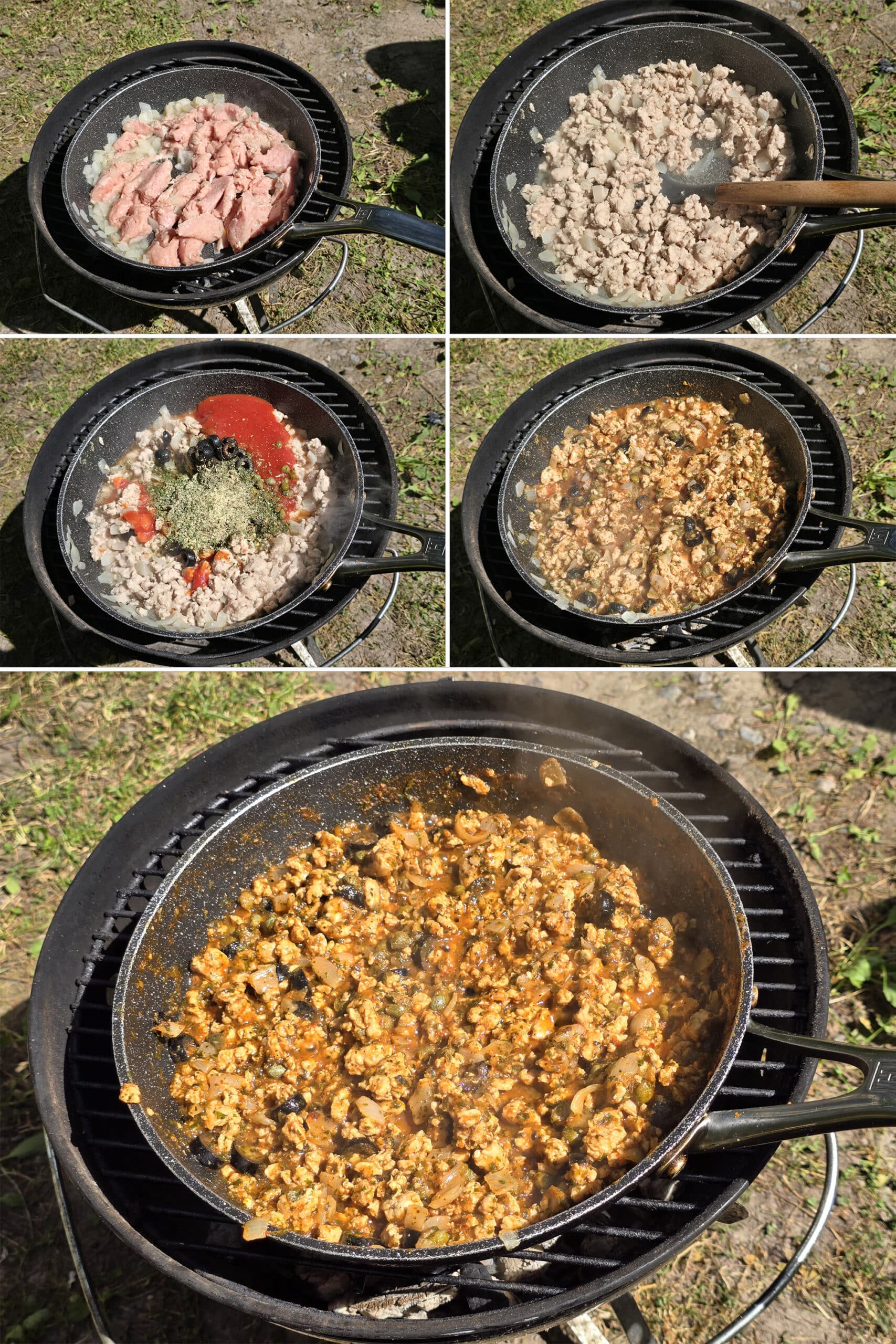 5 part image showing ground chicken being browned in a pan, then the tomato sauce and spices added, stirred, and simmered til thick.