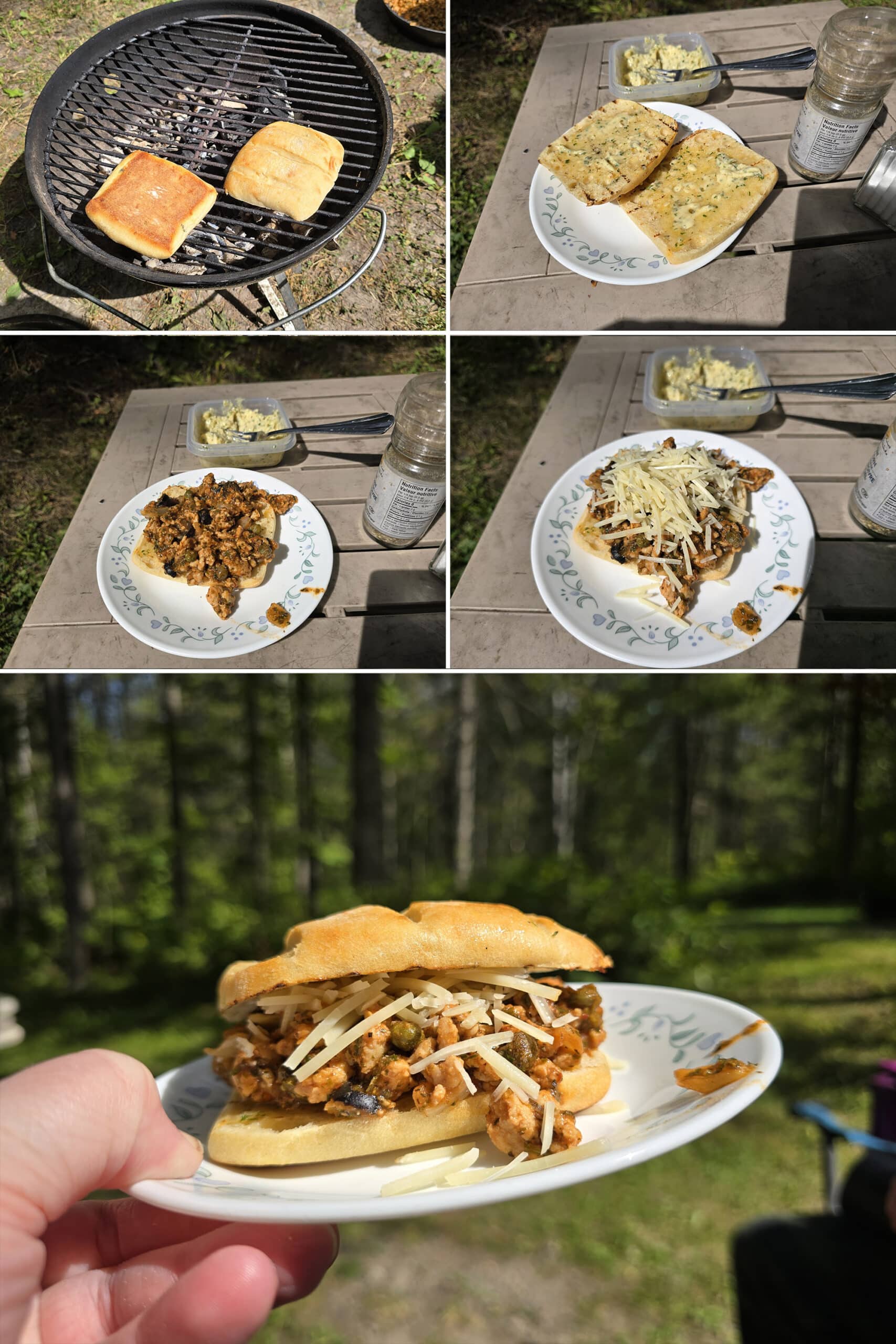 5 part image showing the ciabatta buns being grilled then spread with garlic butter, topped with the sloppy joe filling and cheese.