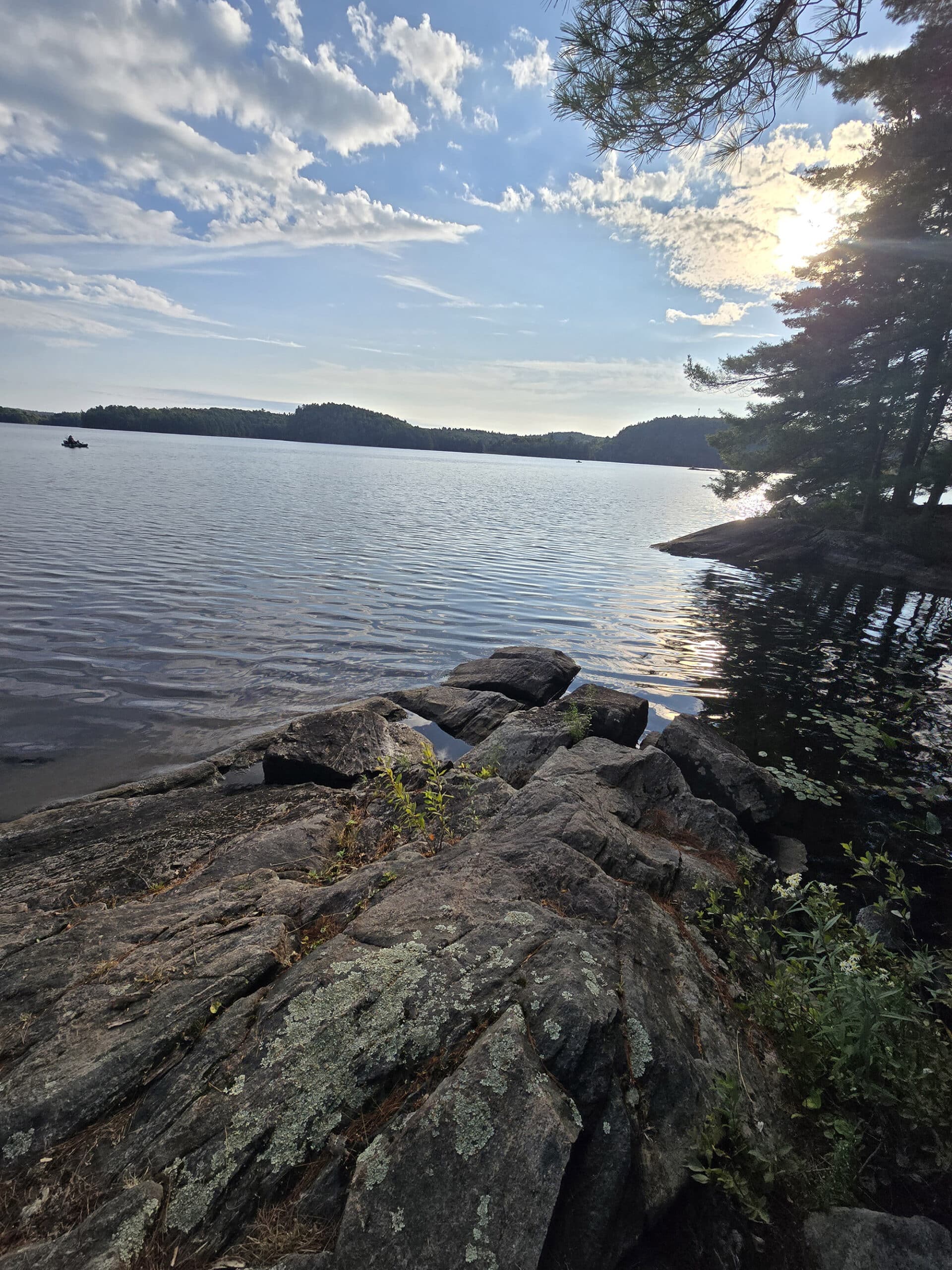 A rocky view over stormy lake at Restoule Provincial Park.