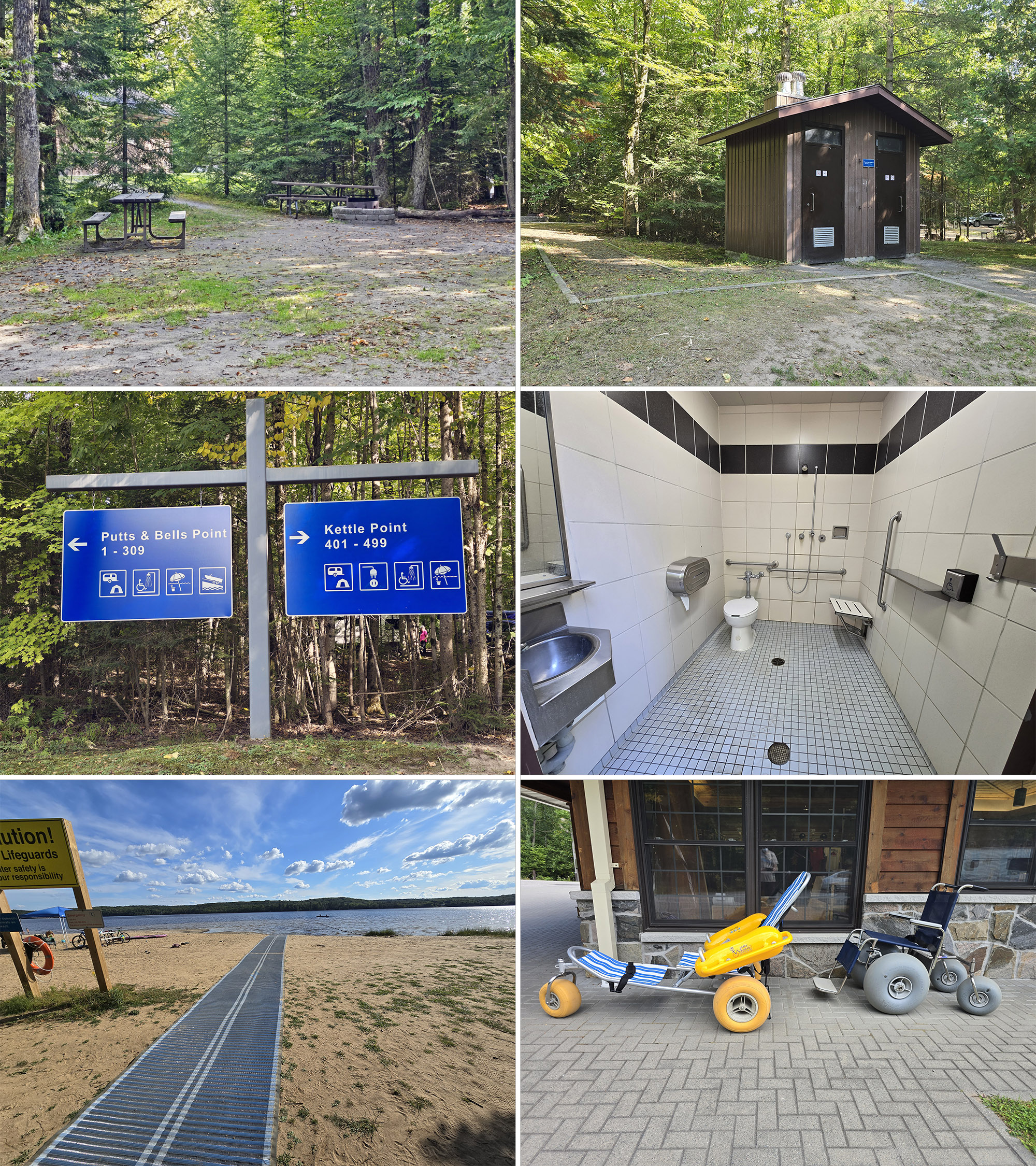 6 part image showing various aspects of the accessibility features at Restoule Provincial Park.