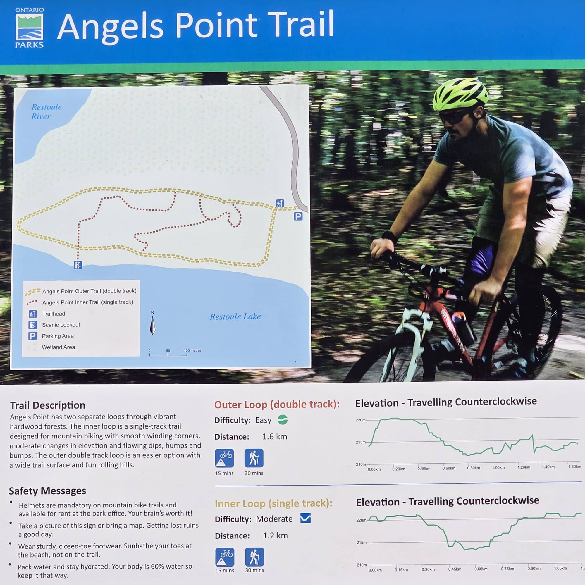 Trail signage for the angels point trail at Restoule Provincial Park.