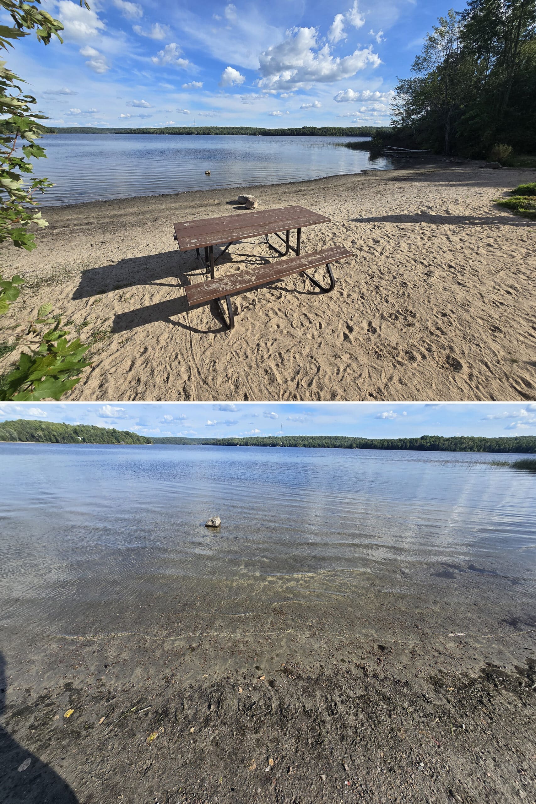 2 part image showing Bells Point Beach at Restoule Provincial park.