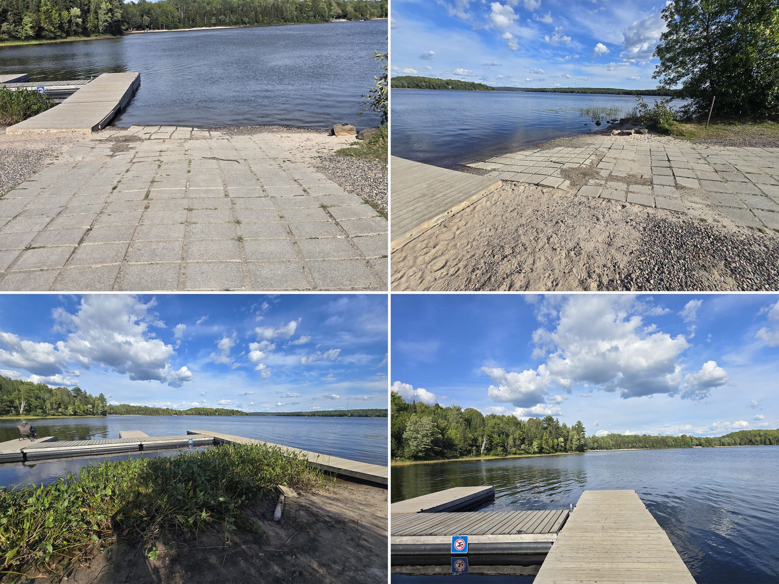 4 part image showing the bells point boat launch at Restoule Provincial Park.