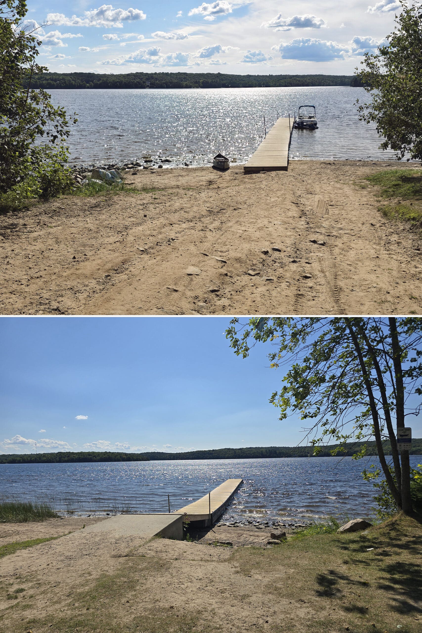 2 part image showing the campground docks at Restoule Provincial Park.