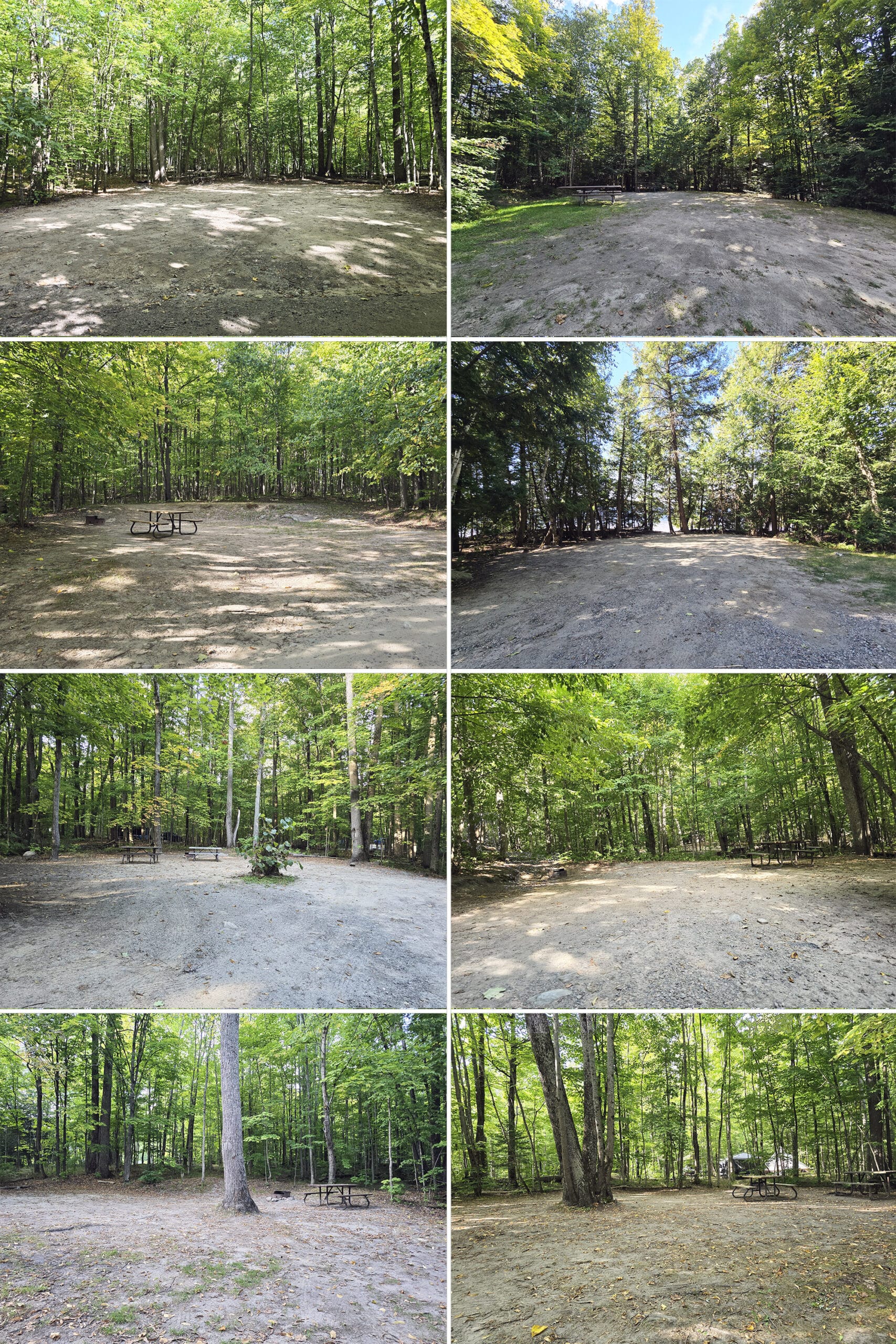 8 part image showing various campsites at Restoule Provincial Park.