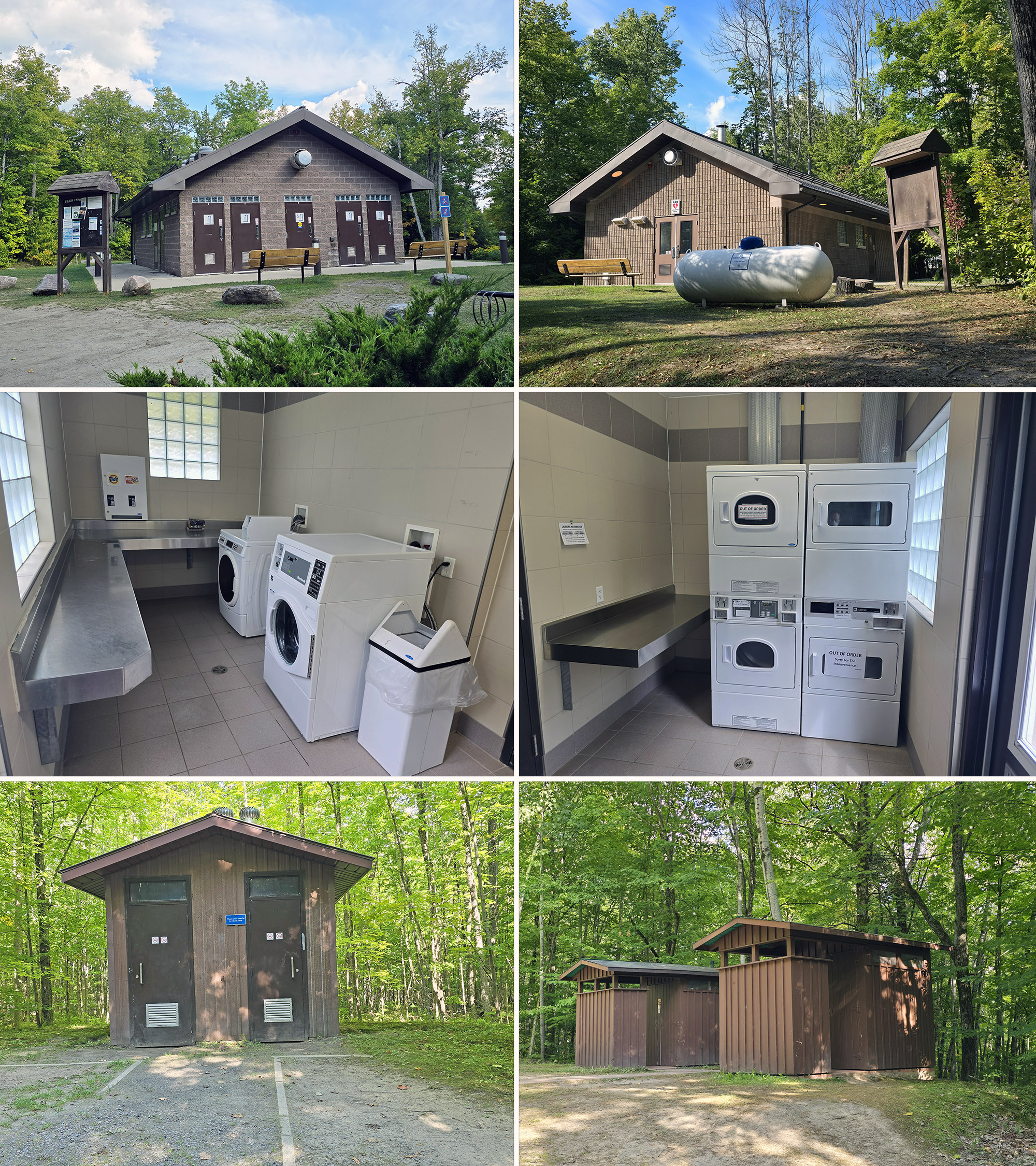 6 part image showing 
comfort stations, laundry facilities, and outhouses at Restoule Provincial Park.