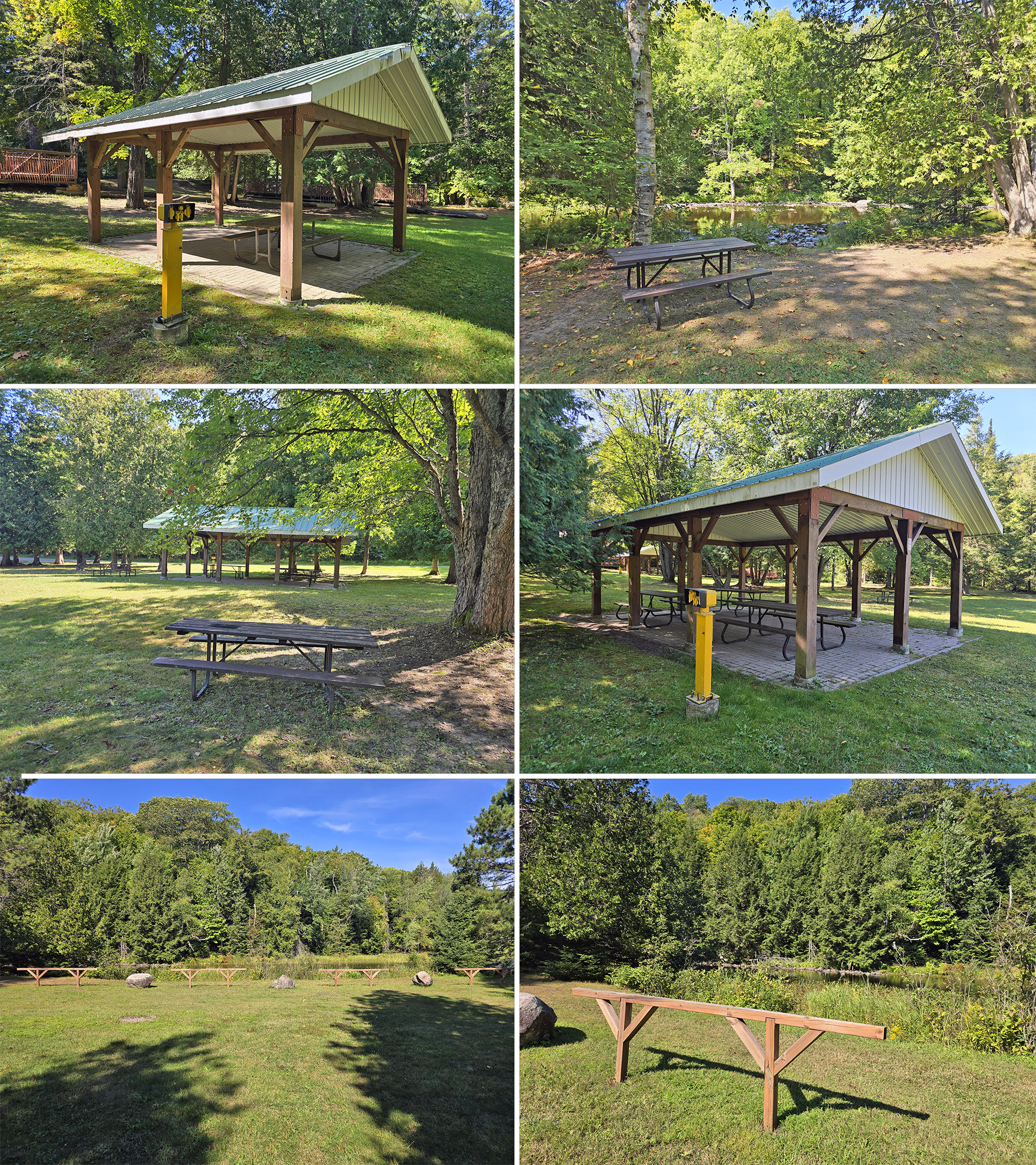6 part image showing the day use area at Restoule Provincial Park.