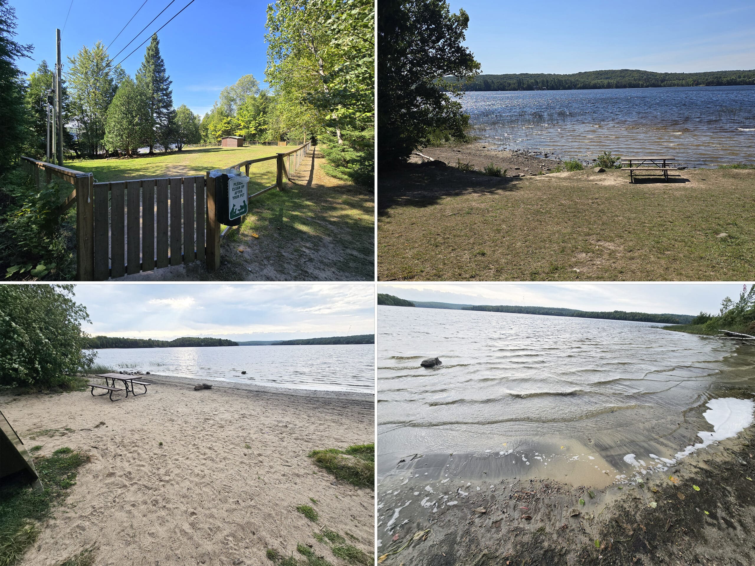 4 part image showing 
the dog beaches and off leash area at Restoule Provincial Park.