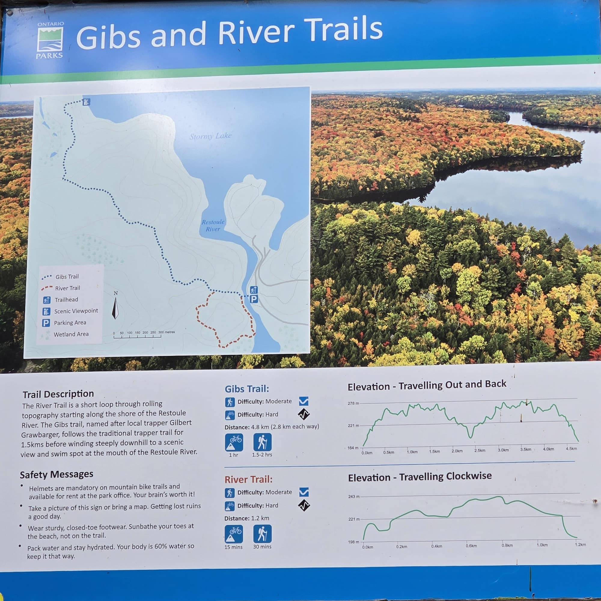 Trail signage for Gibs and River Trails at Restoule Provincial Park.