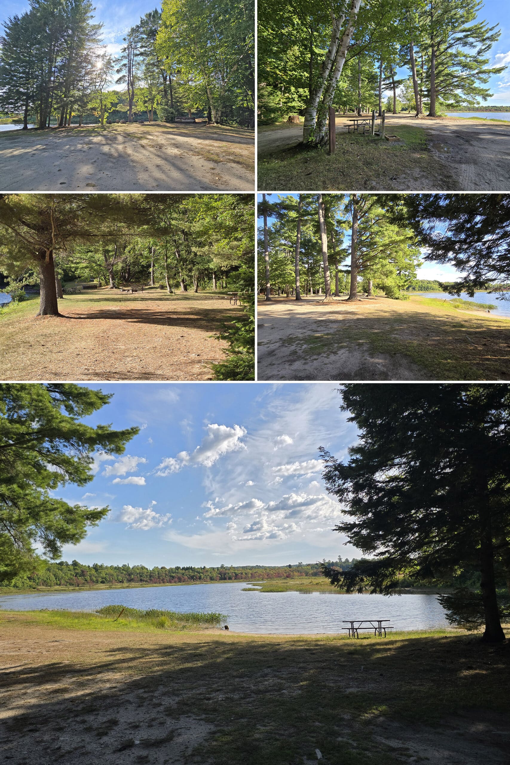 5 part image showing the group campground area at Restoule Provincial Park.