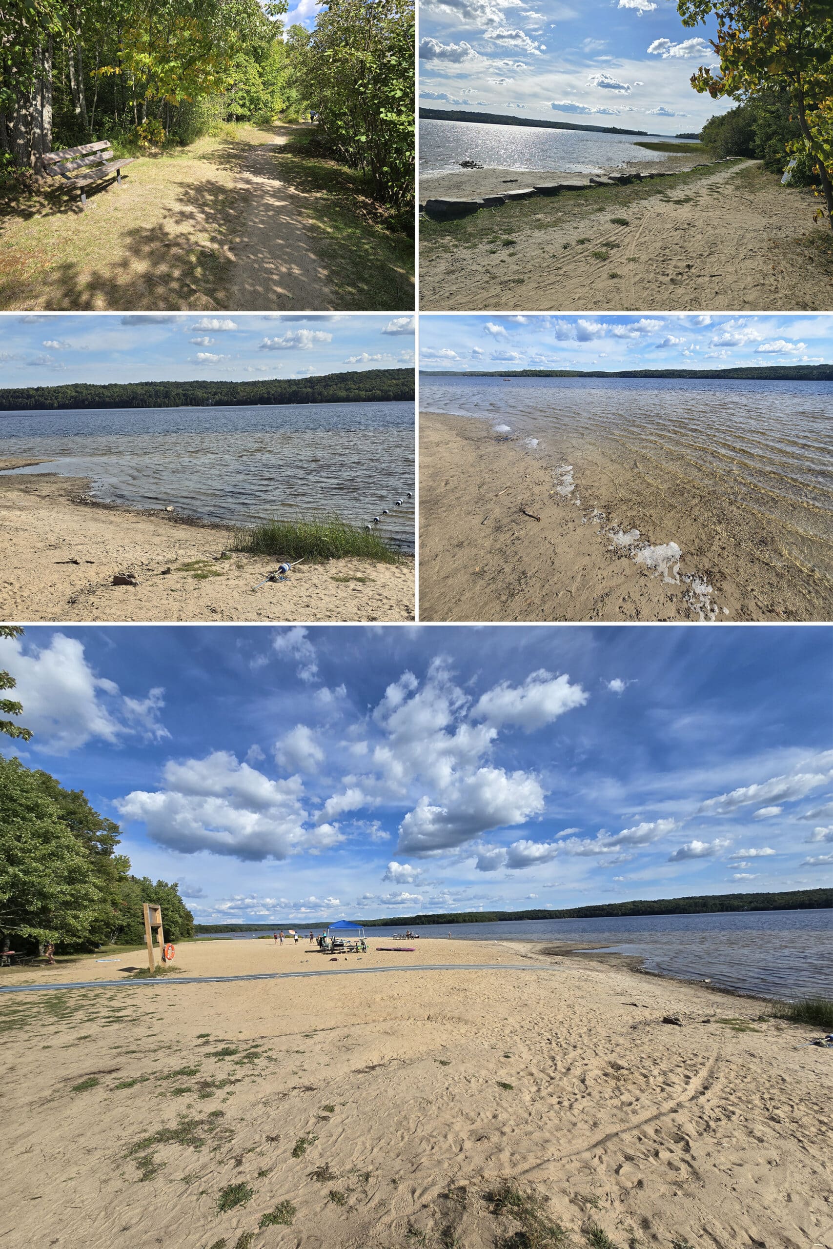 5 part image showing Kettle Point Beach at Restoule Provincial Park.