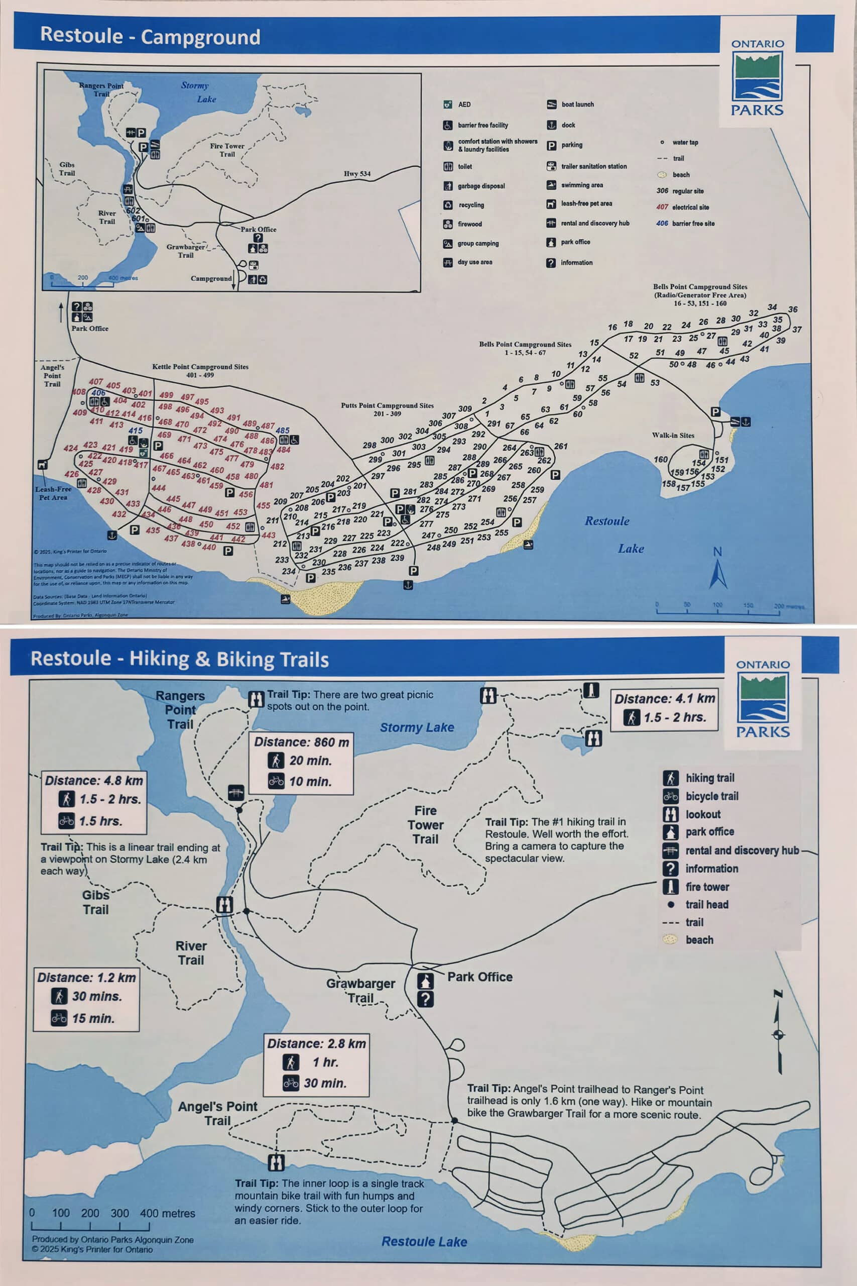 2 part image showing 
the campground and trail maps at Restoule Provincial Park.