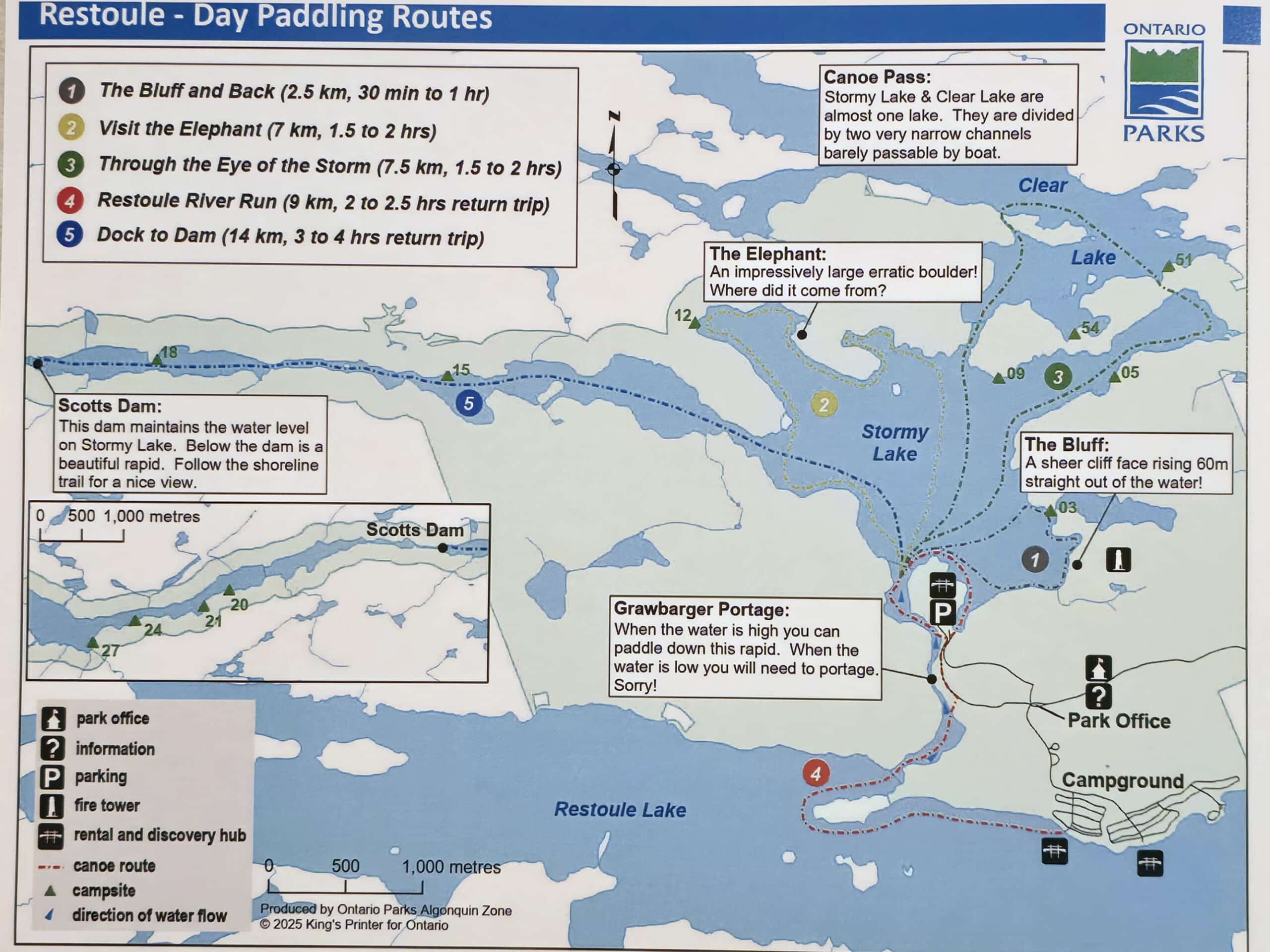 The Restoule Provincial Park paddling and canoe routes map.