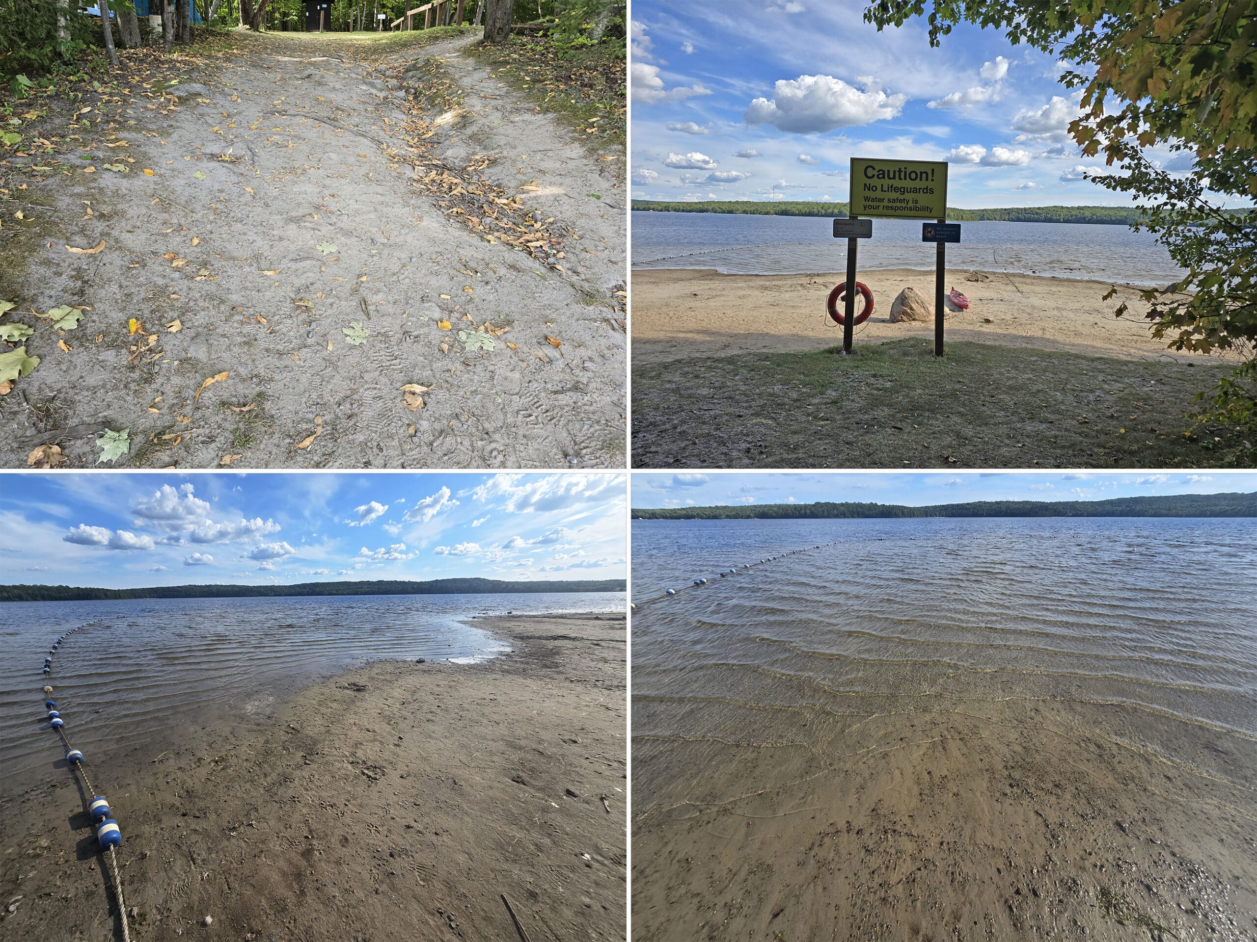 4 part image showing Putts Point Beach at Restoule Provincial Park.