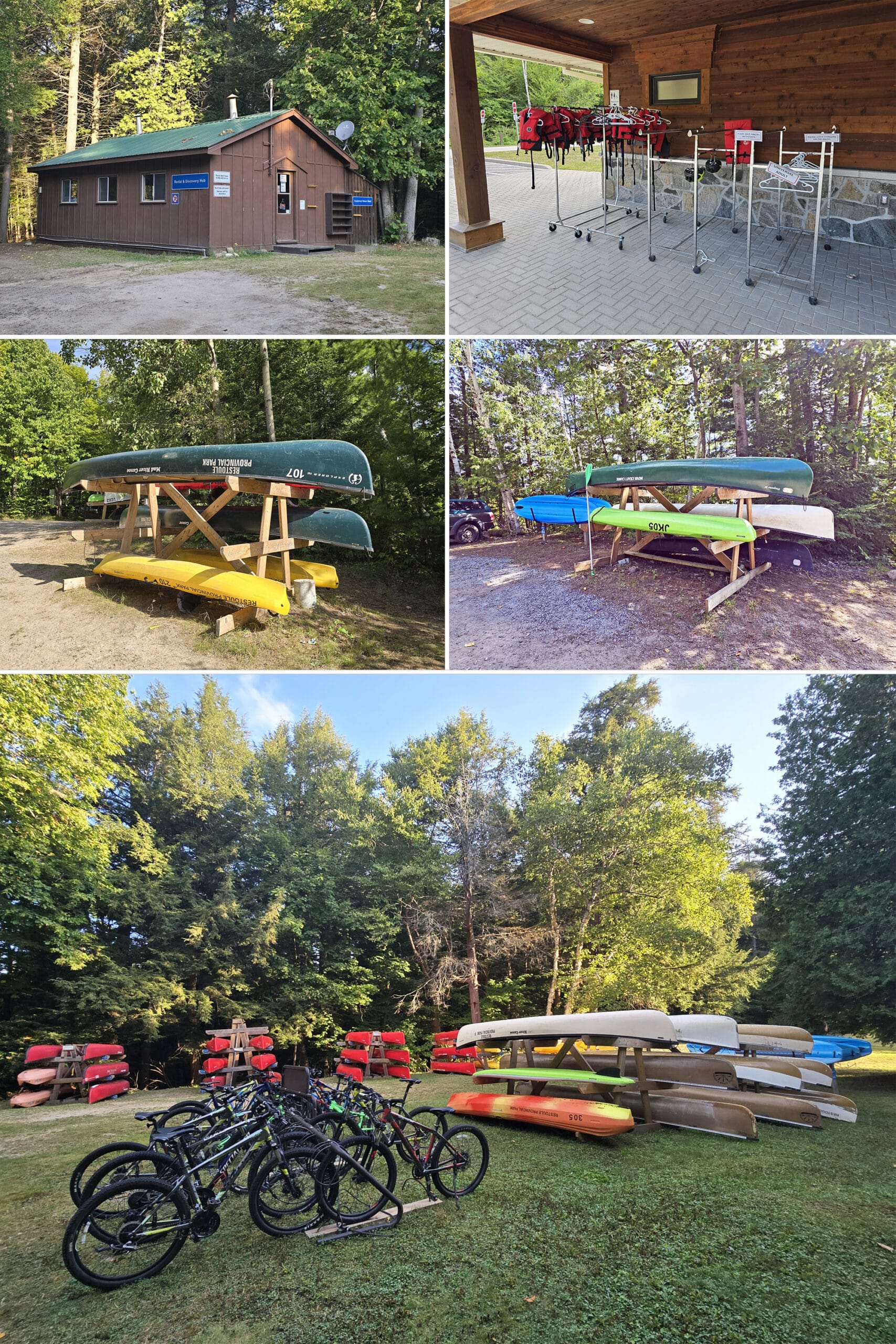 5 part image showing various aspects of the rental offerings at Restoule Provincial Park.