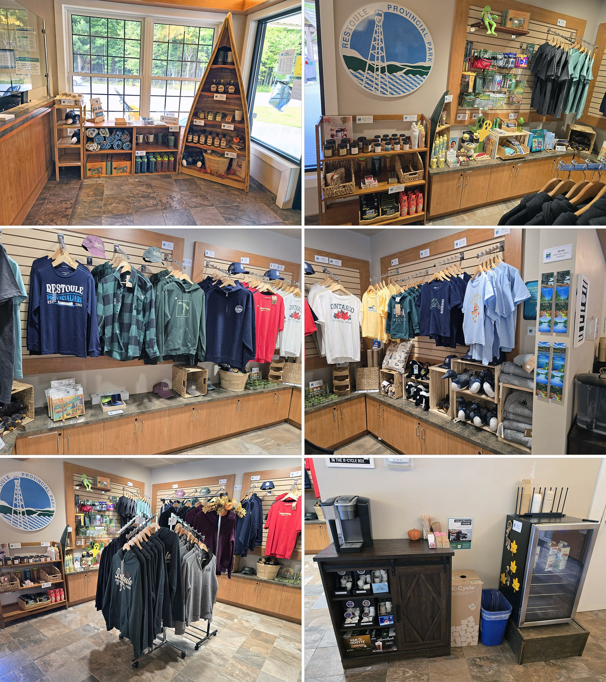 6 part image showing various views of the park store at Restoule Provincial Park.