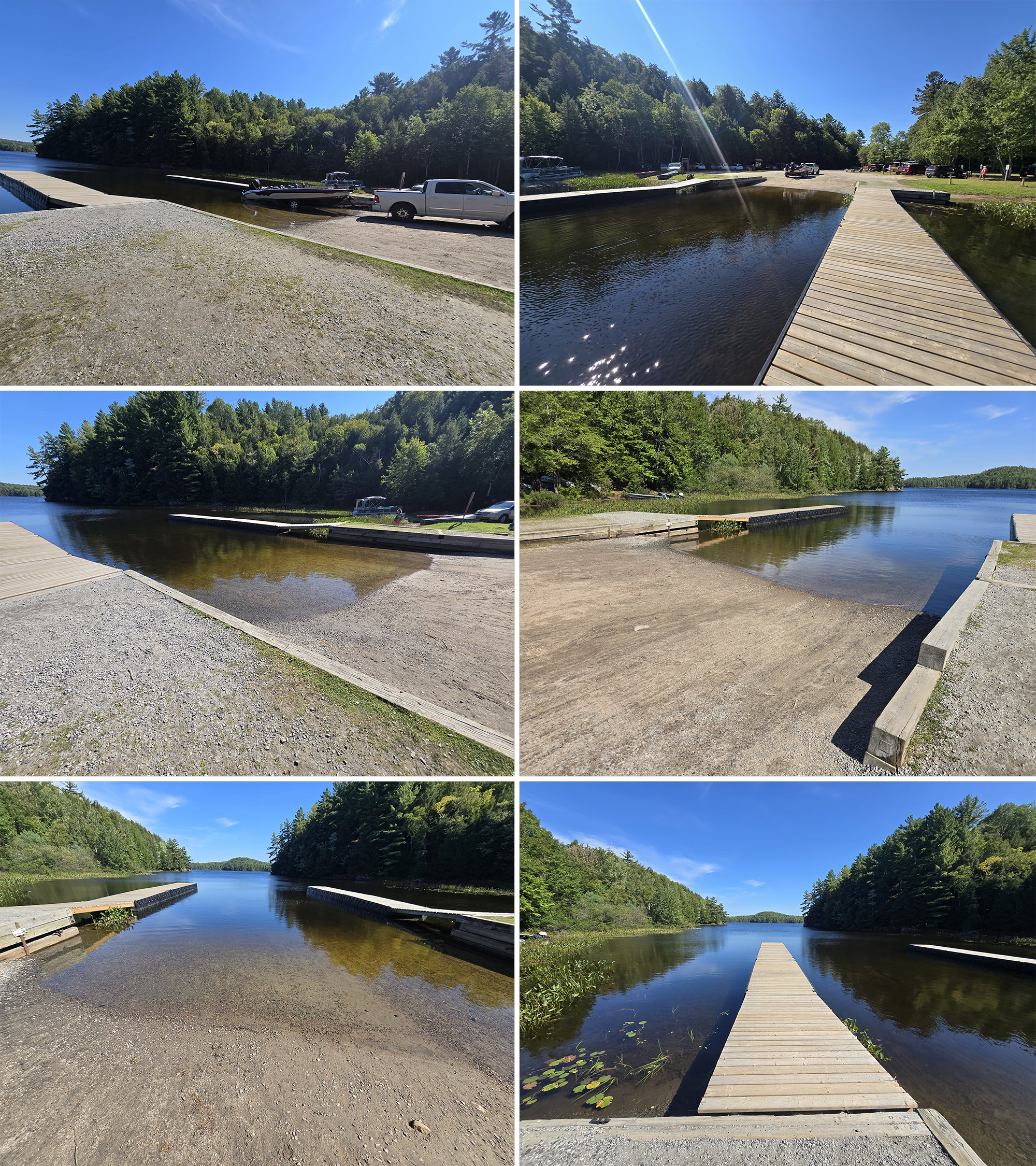 6 part image showing various views of the stormy lake boat launch at Restoule Provincial Park.