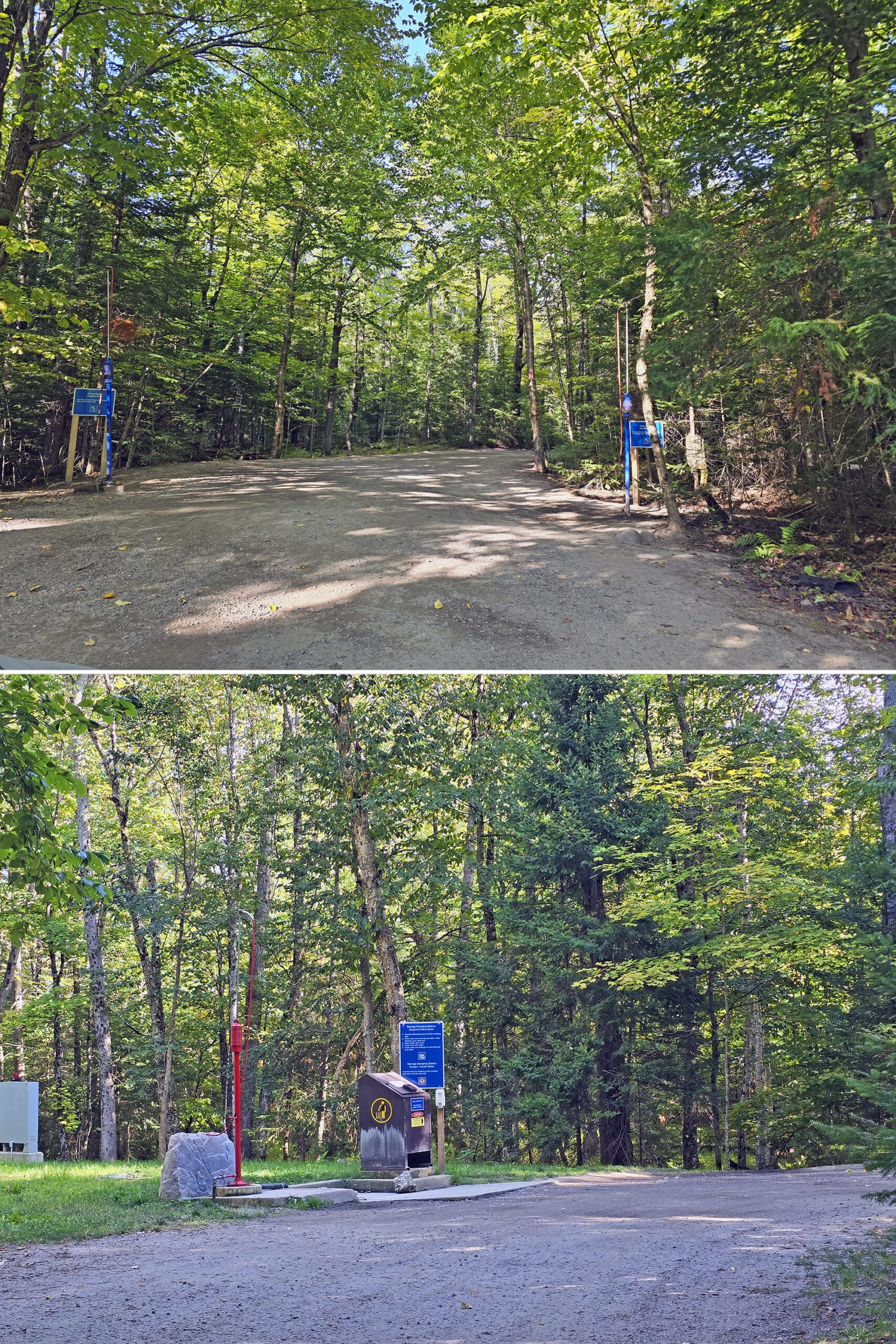 2 part image showing the trailer sanitation and fill stations at Restoule Provincial Park.