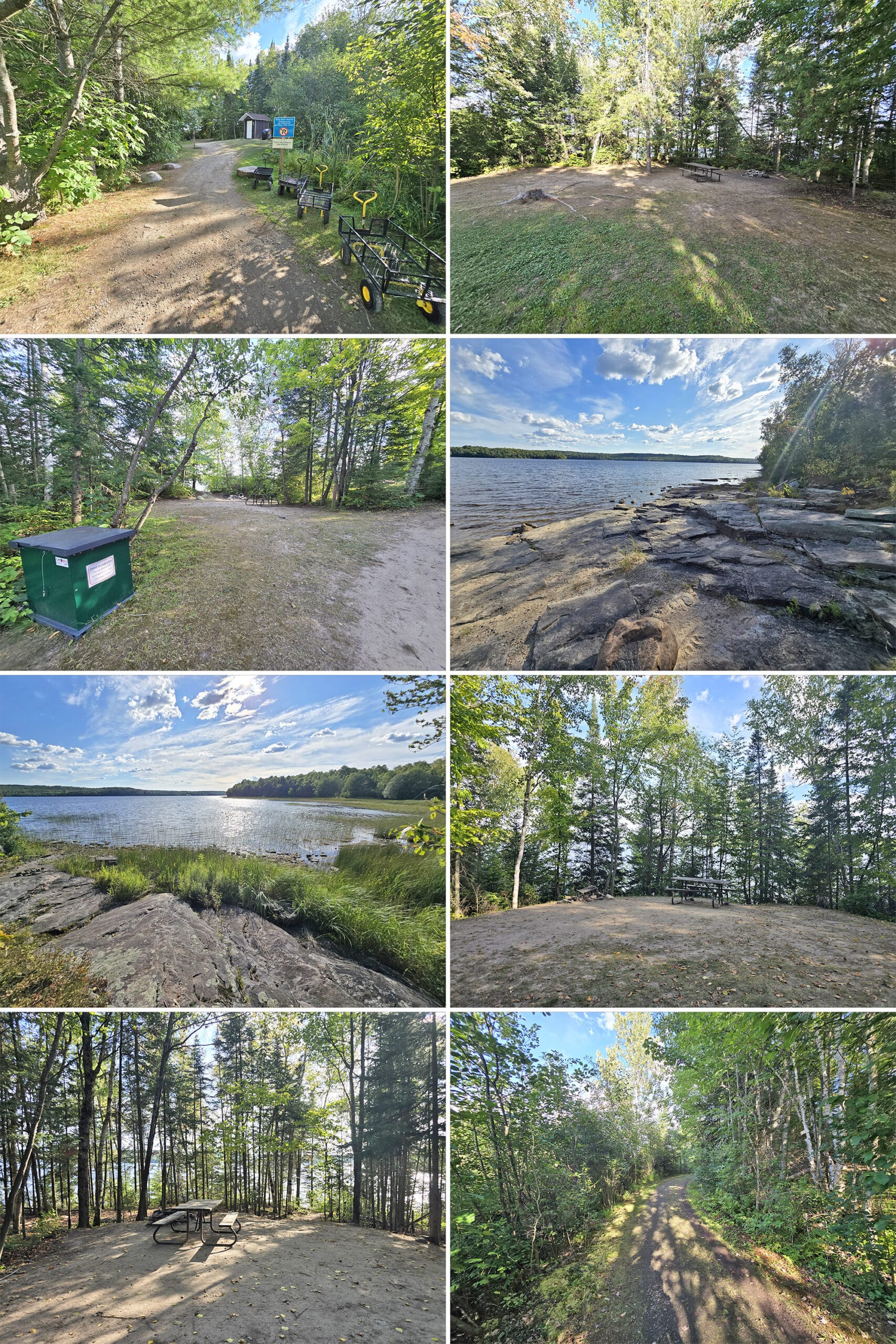 8 part image showing various views of the walk in campsites at Restoule Provincial Park.