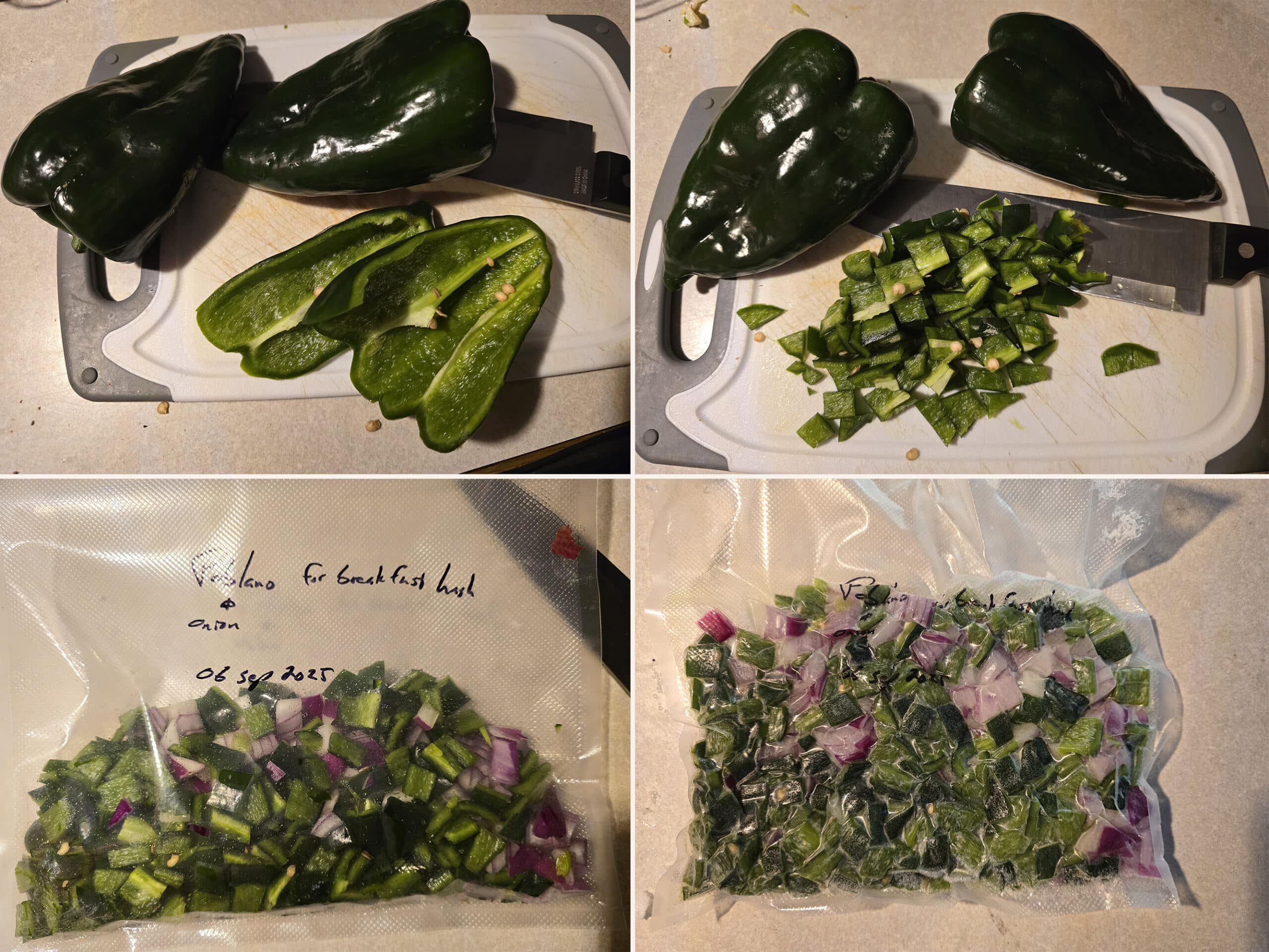 4 part image showing chipotle peppers being chopped and added to a vacuum sealed freezer baggie with chopped red onions.