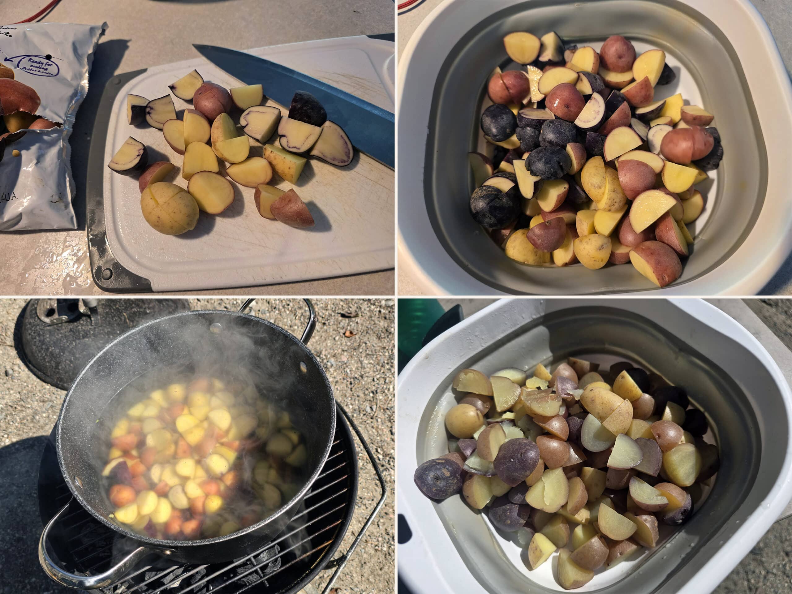 4 part image showing mini potatoes being cut, boiled, and drained.