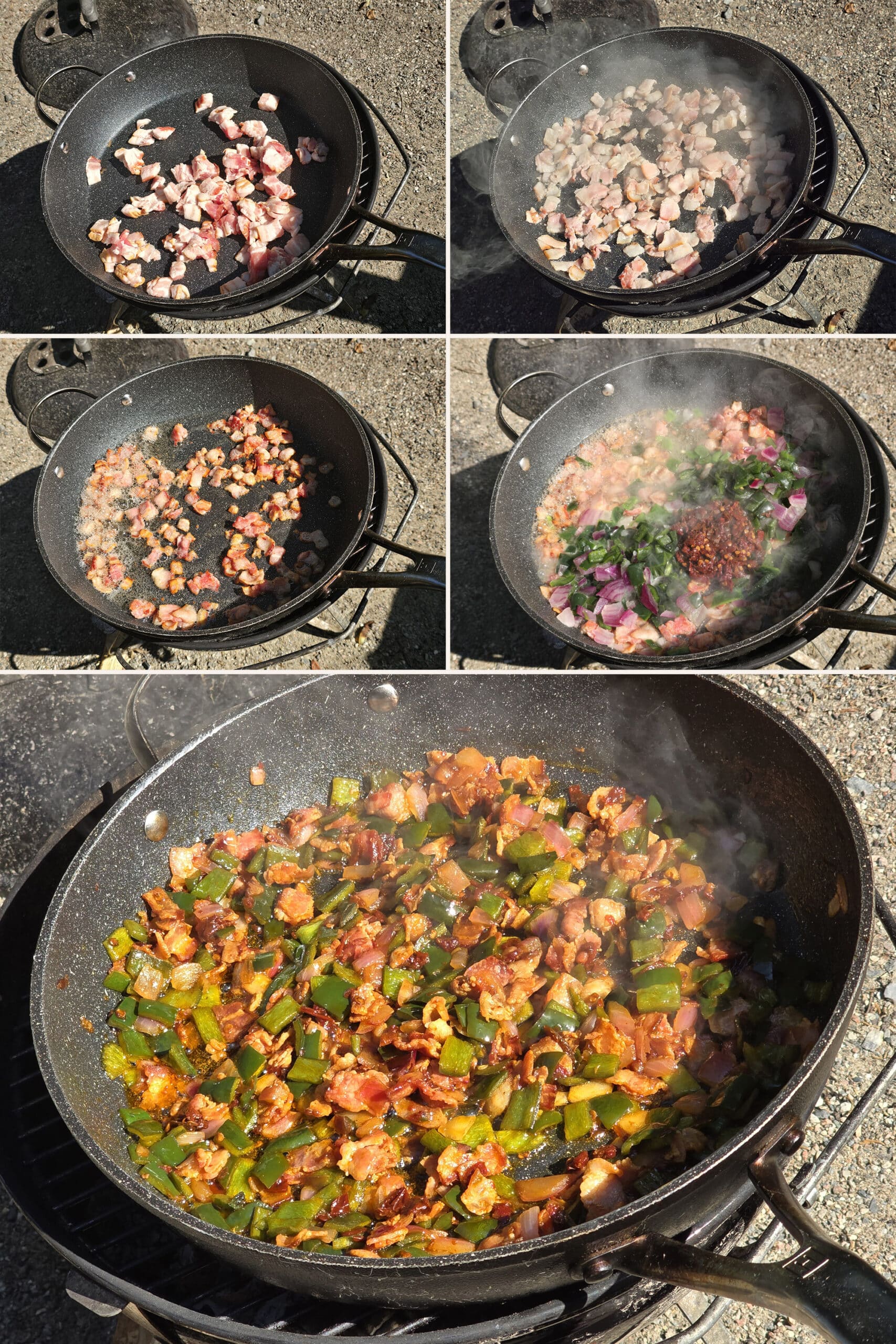 5 part image showing chopped bacon being cooked in a pan over a charcoal grill, then the poblanos, onions, and chipotles mixed in and cooked til tender.