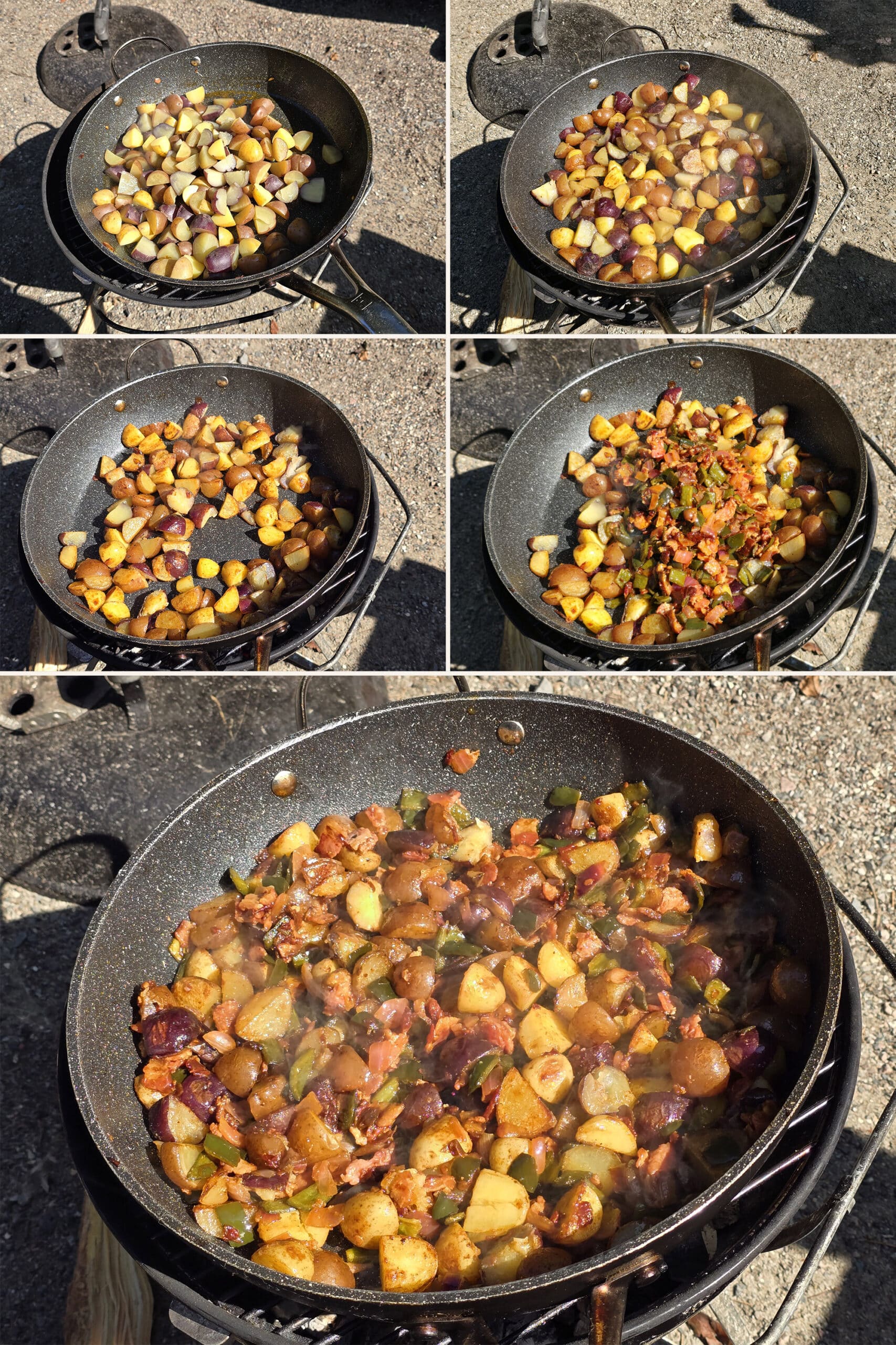 5 part image showing the potatoes being browned in the pan, then the bacon and vegetable mix stirred in.