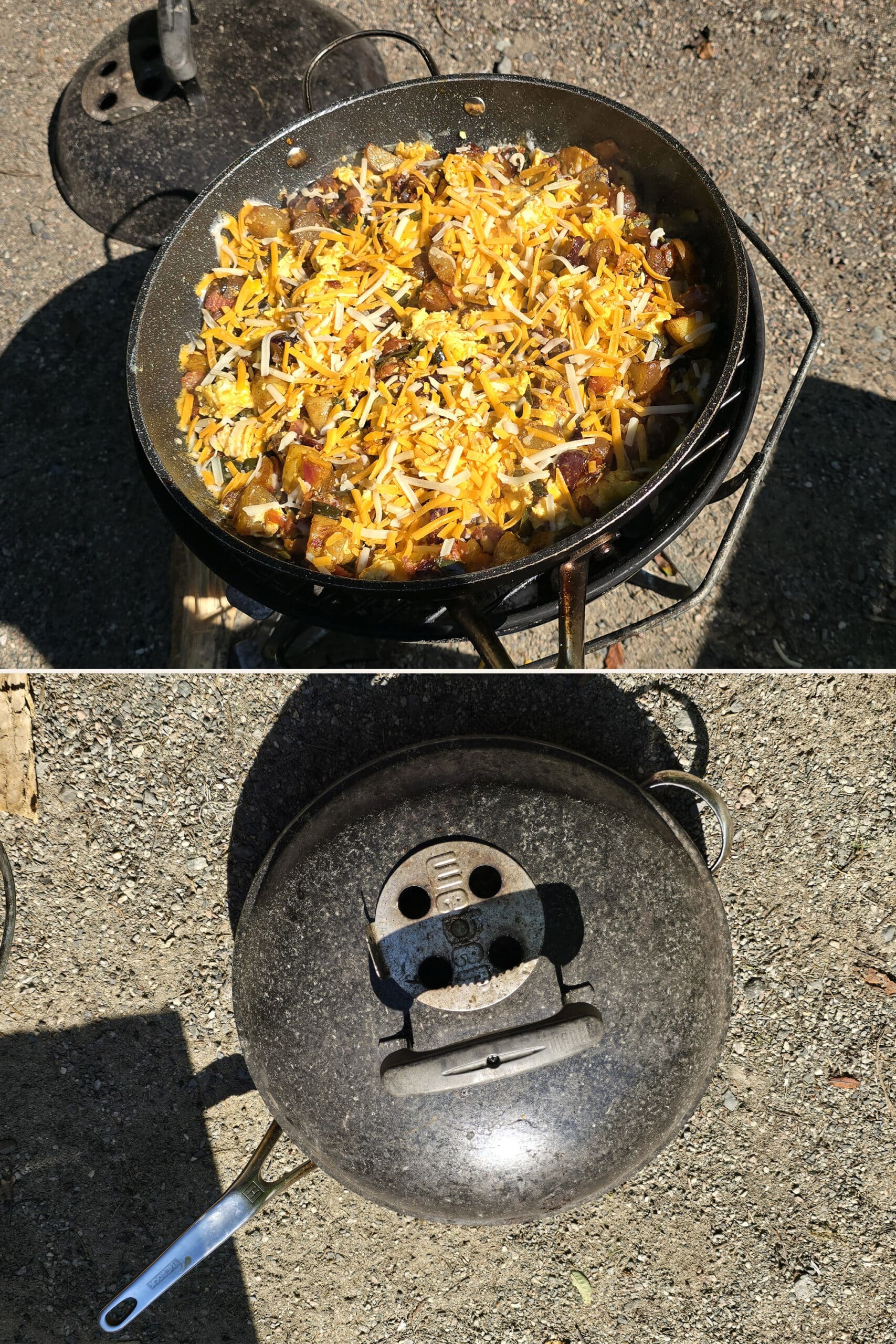 2 part image showing cheese scattered cover the pan of breakfast hash, then covered with the grill cover.