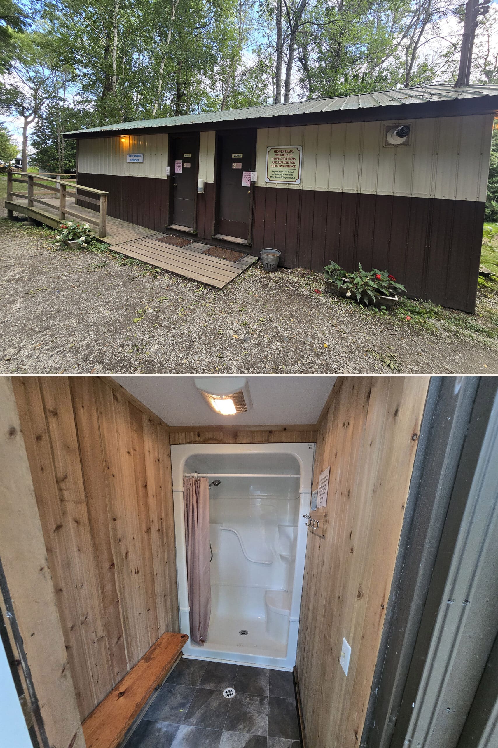 2 part image showing the accessible shower at Batmans Cottages and Campground on Manitoulin Island.