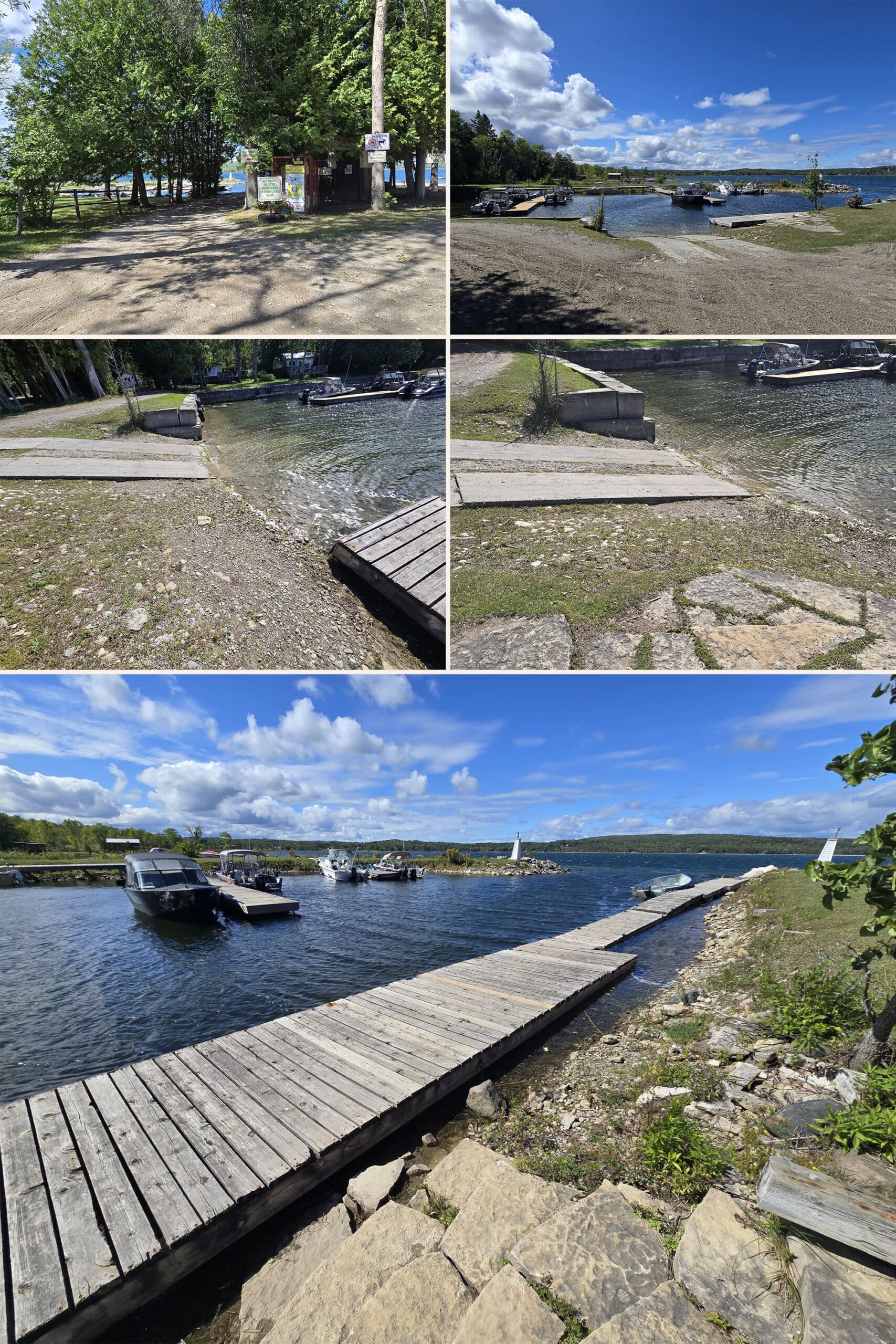 5 part image showing the boat launch and marina at Batmans Cottages and Campground.
