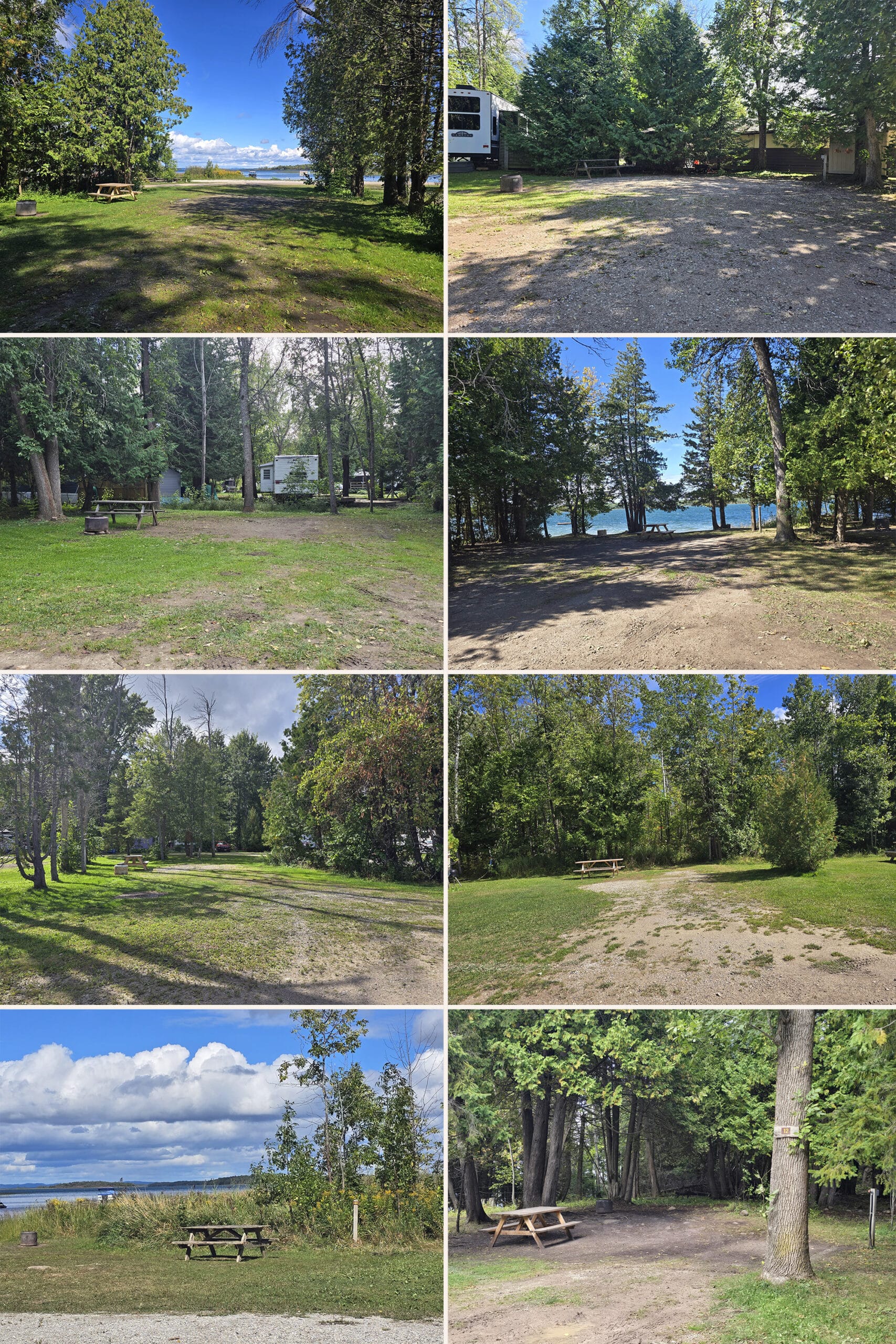 8 part image showing various campsites at Batmans Cottages and Campground on Manitoulin Island.