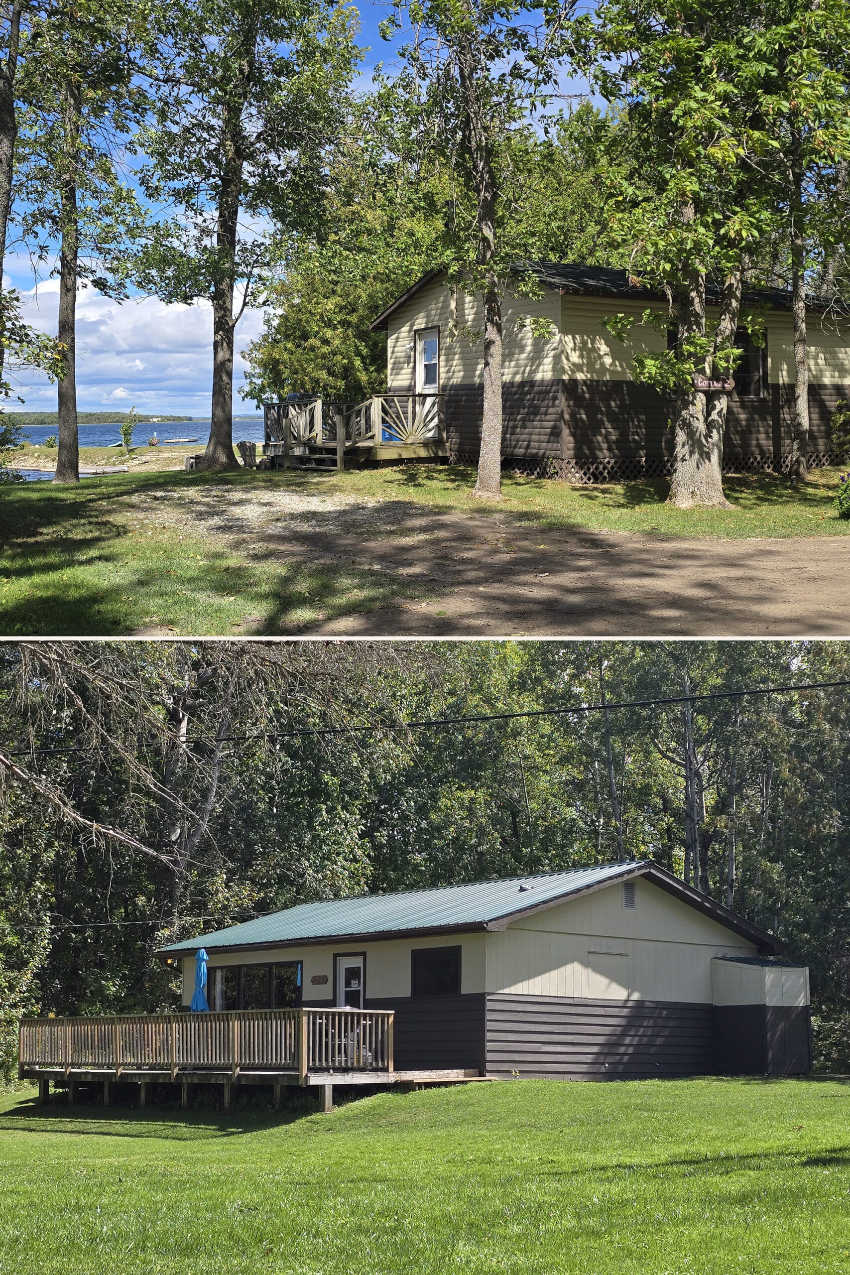 2 part image showing 2 of the rental cottages at Batmans Cottages and Campground.