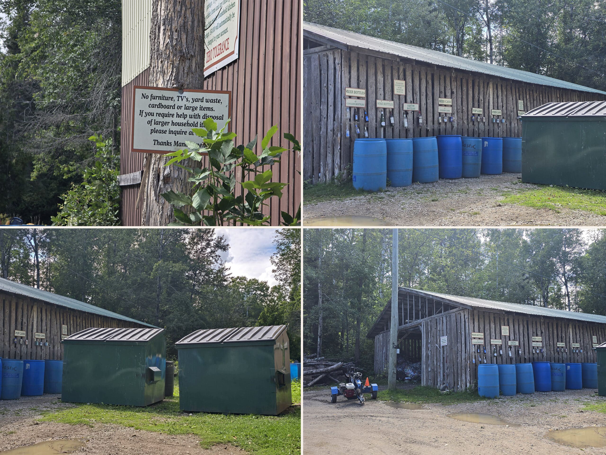 4 part image showing the garbage and recycling area at Batmans Cottages and Campground.