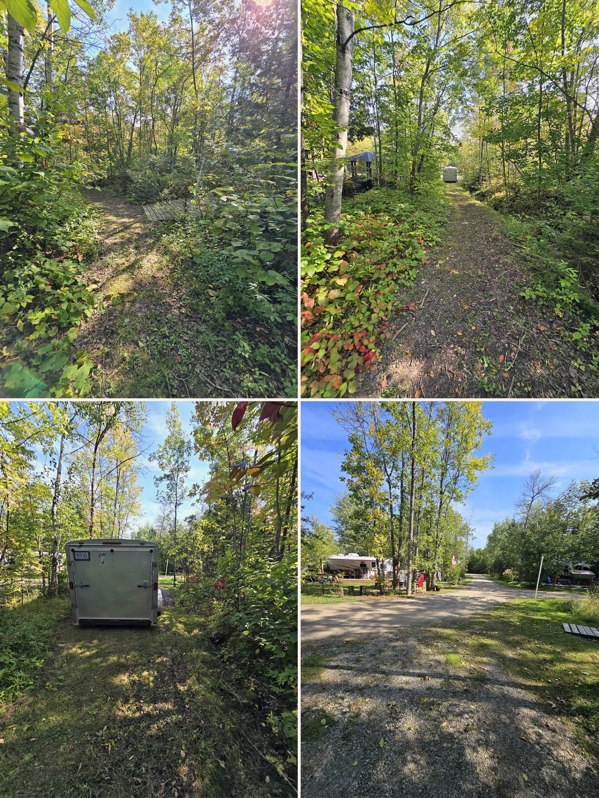 4 part image showing various views of the hiking trail at Batman’s Cottages and Campground on Manitoulin Island.