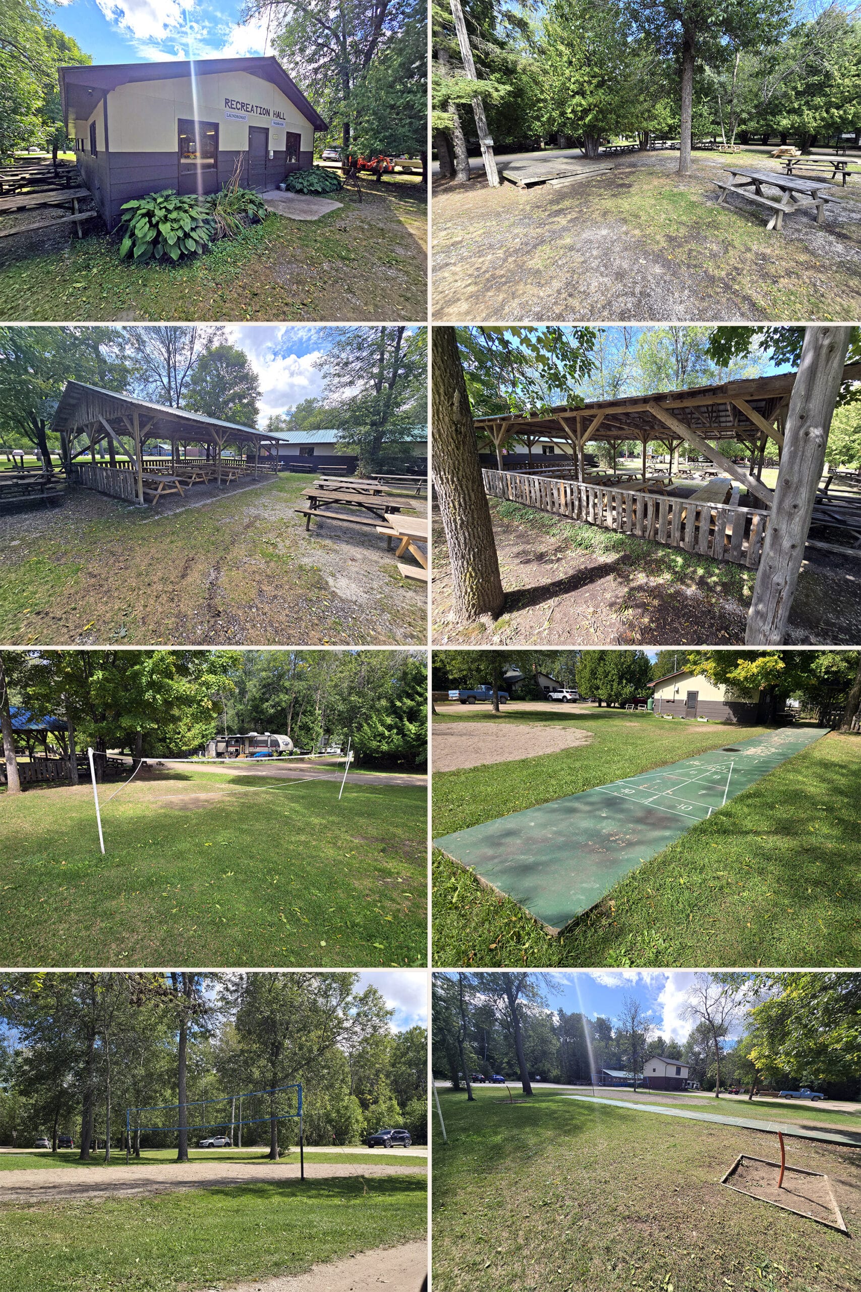 8 part image showing various recreational facilities at Batmans Cottages and Campground.
