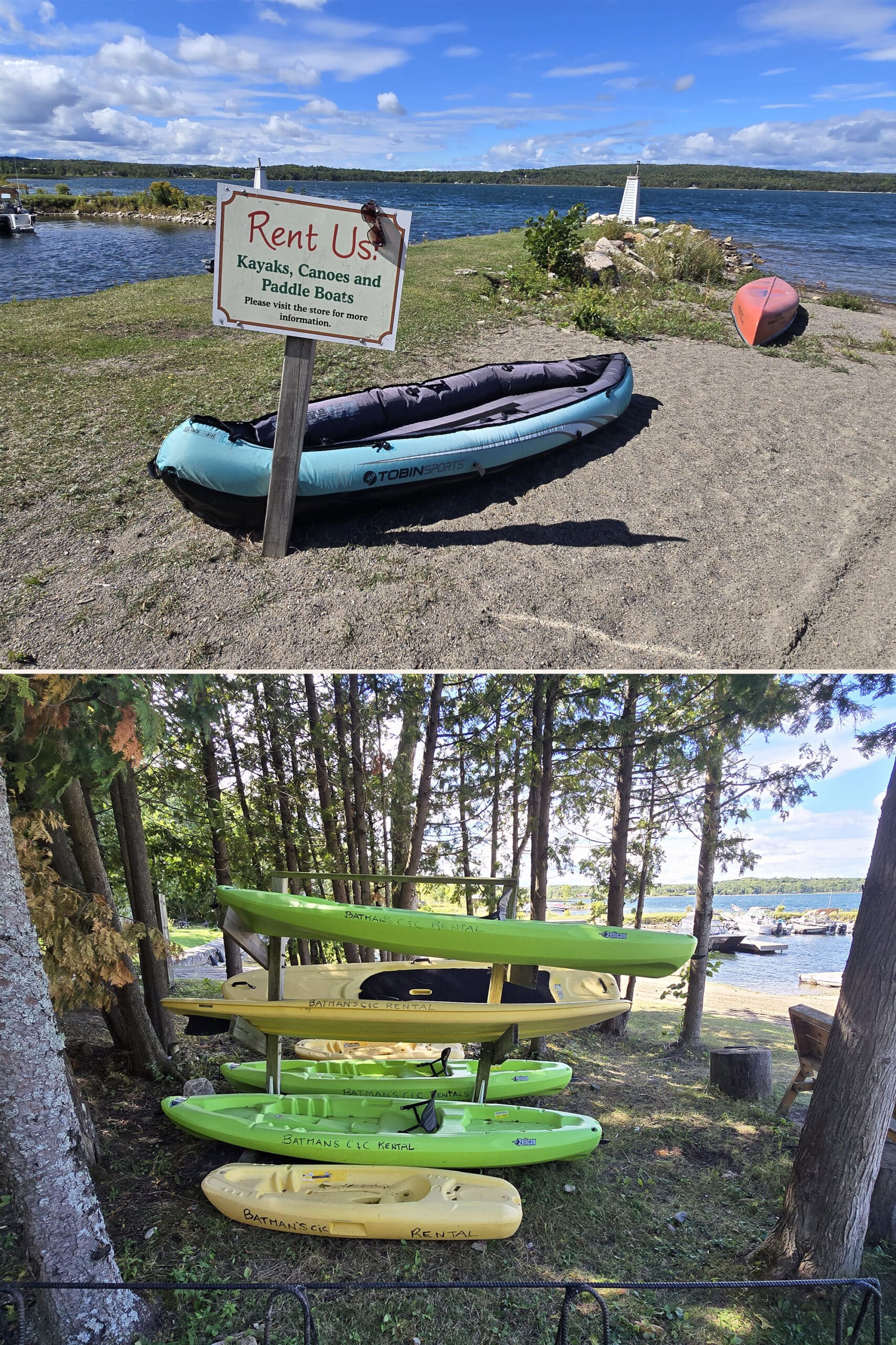 2 part image showing rental watercraft racks at Batmans Cottages and Campground.