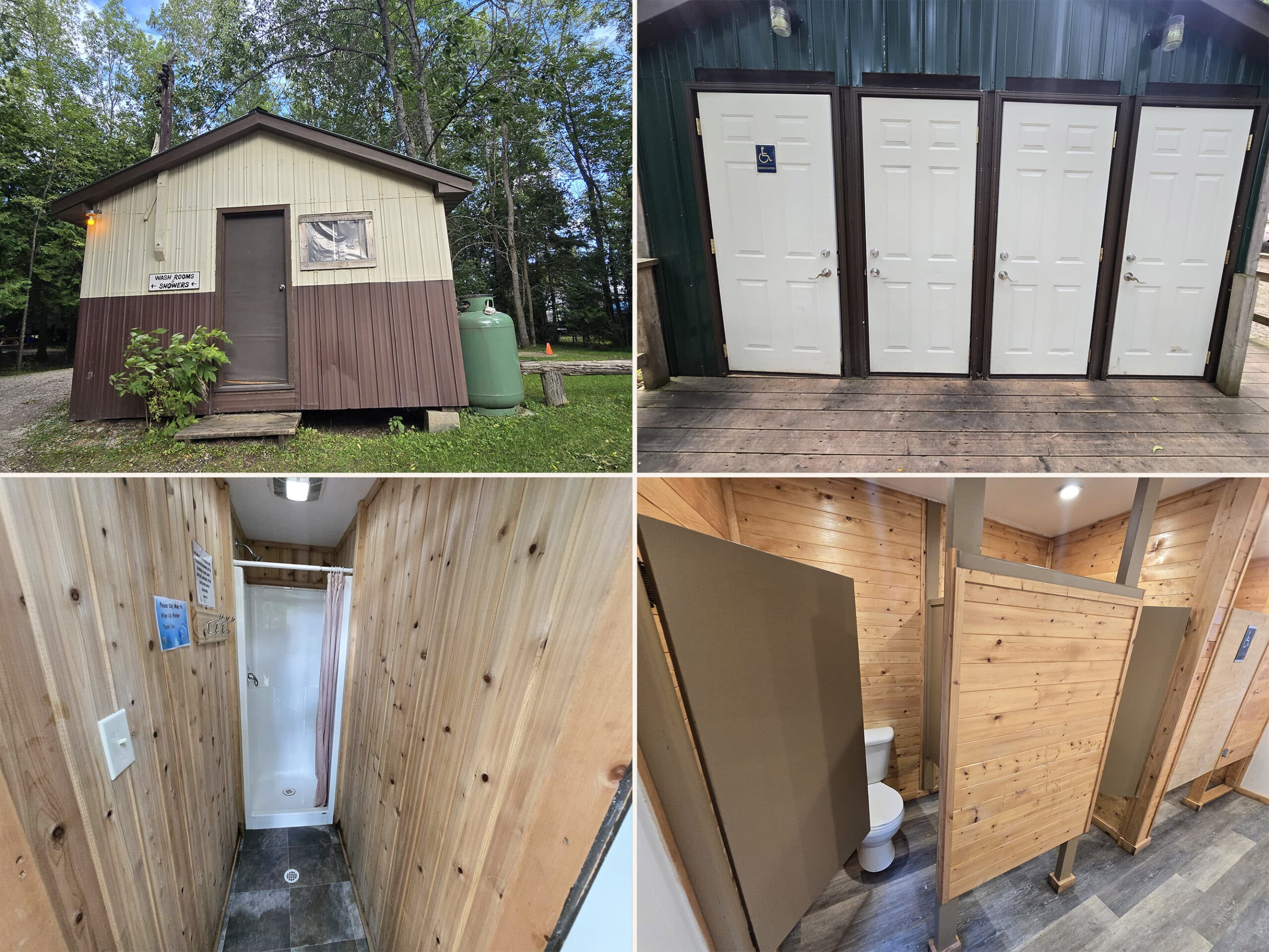 2 part image showing the shower building at Batmans Cottages and Campground.