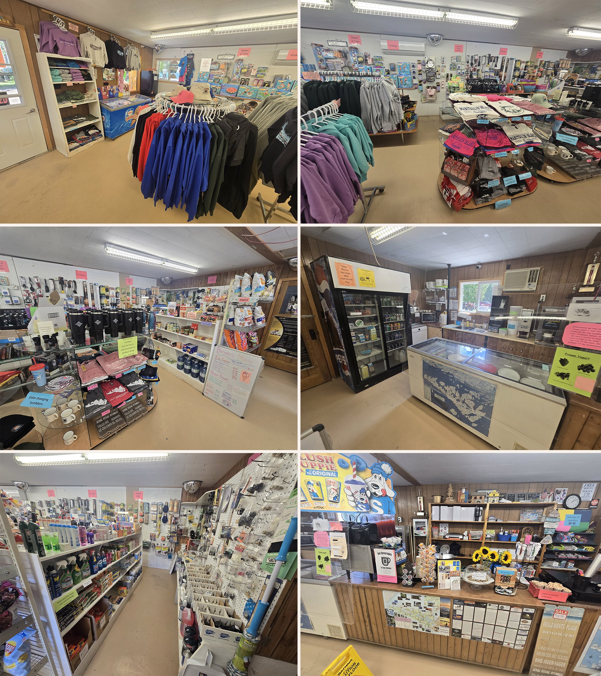 6 part image showing various views inside the Batmans Cottages and Campground store.
