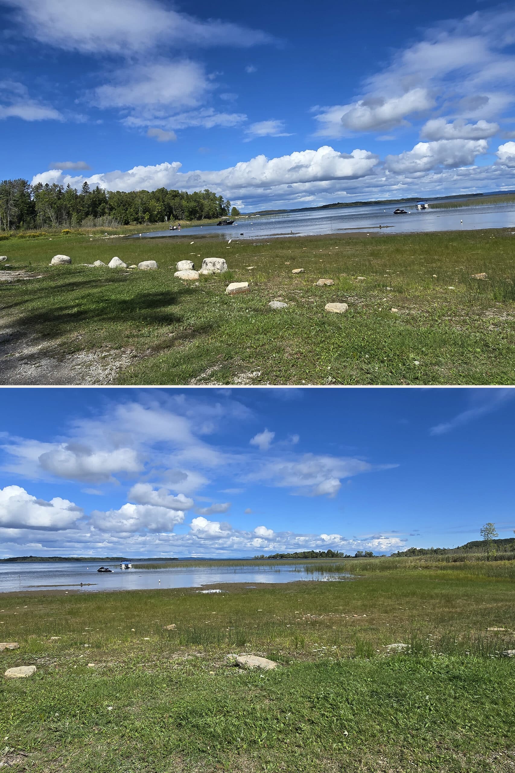 2 part image showing sunrise beach at Batmans Cottages and Campground on Manitoulin Island.