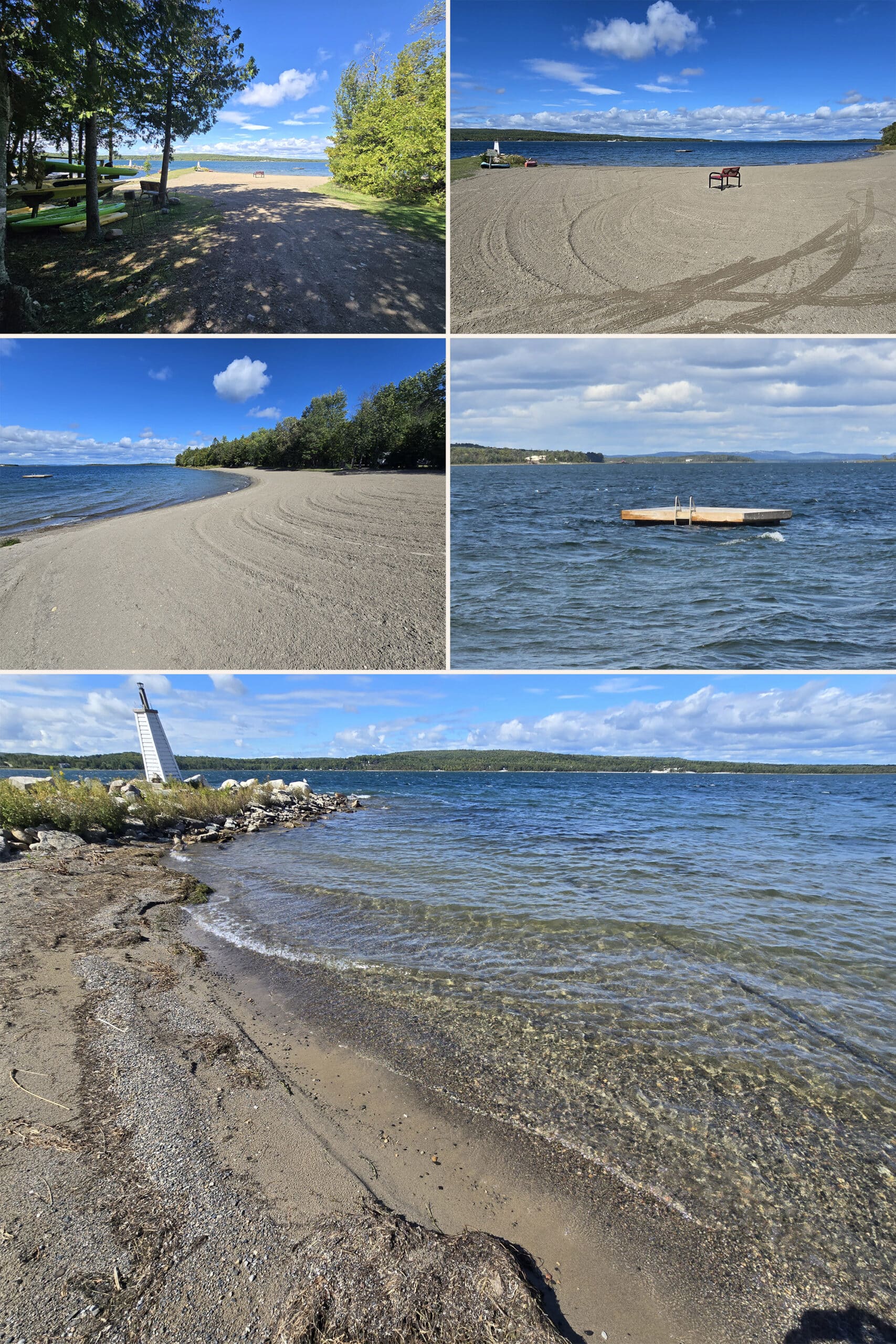 5 part image showing sunset beach at Batmans Cottages and Campground on Manitoulin Island.