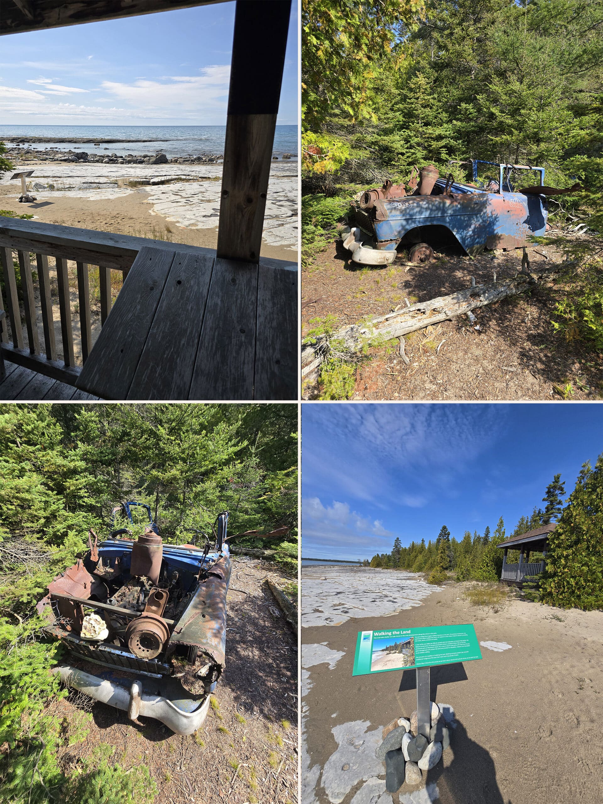 4 part image showing various views along the Coastal Alvar Trail at Misery Bay Provincial Park.
