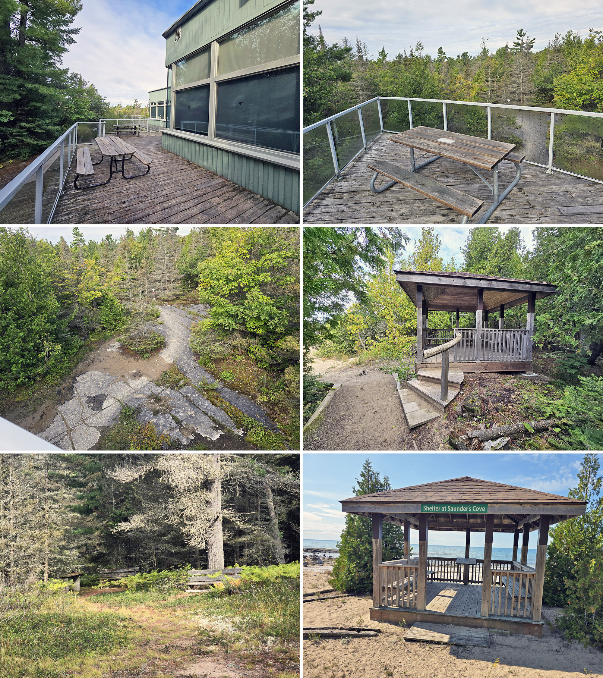6 part image showing various picnic areas at Misery Bay Provincial Park.