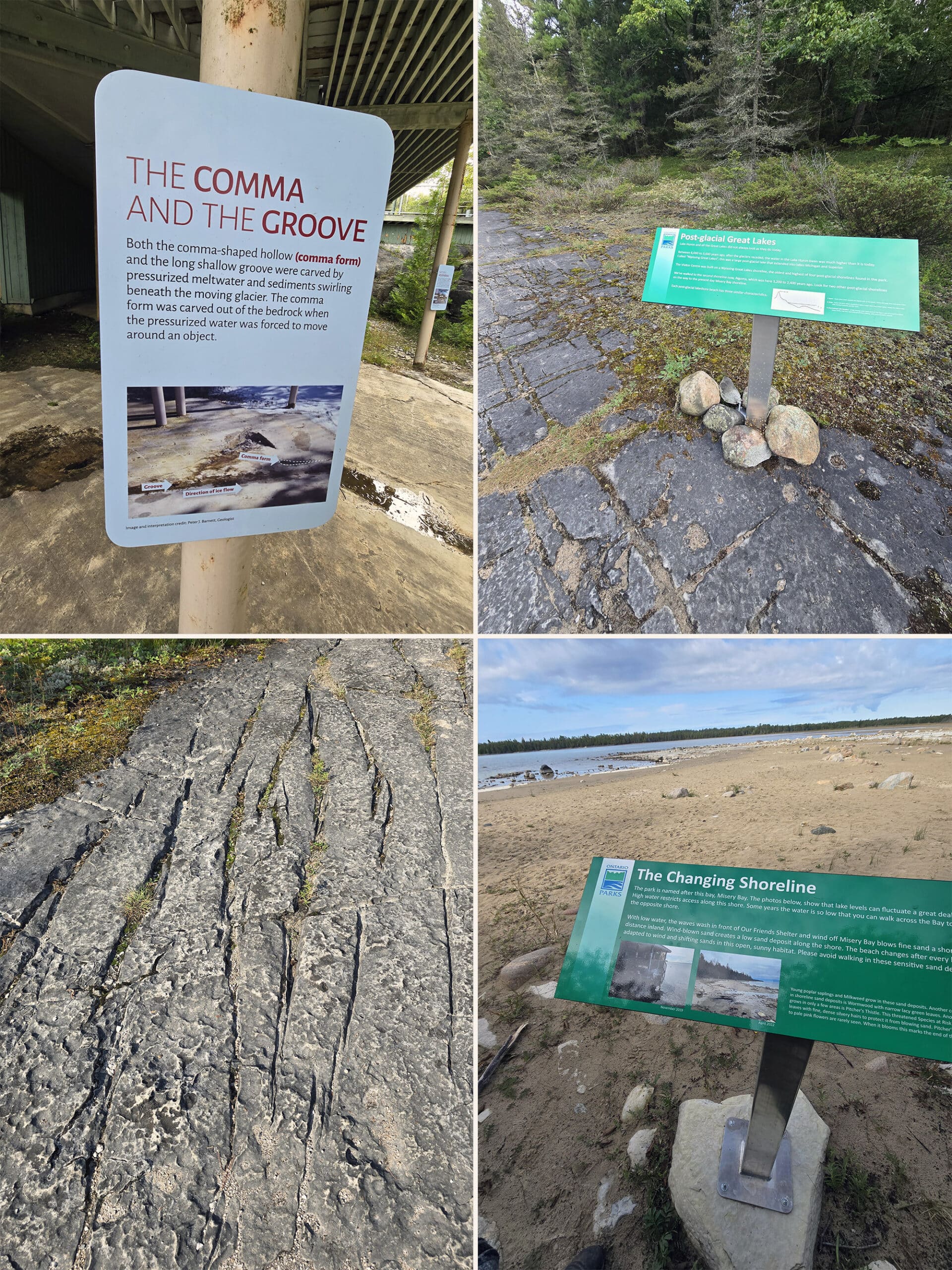 4 part image showing various educational signs with the Misery Bay Provincial Park rock formations they discuss.