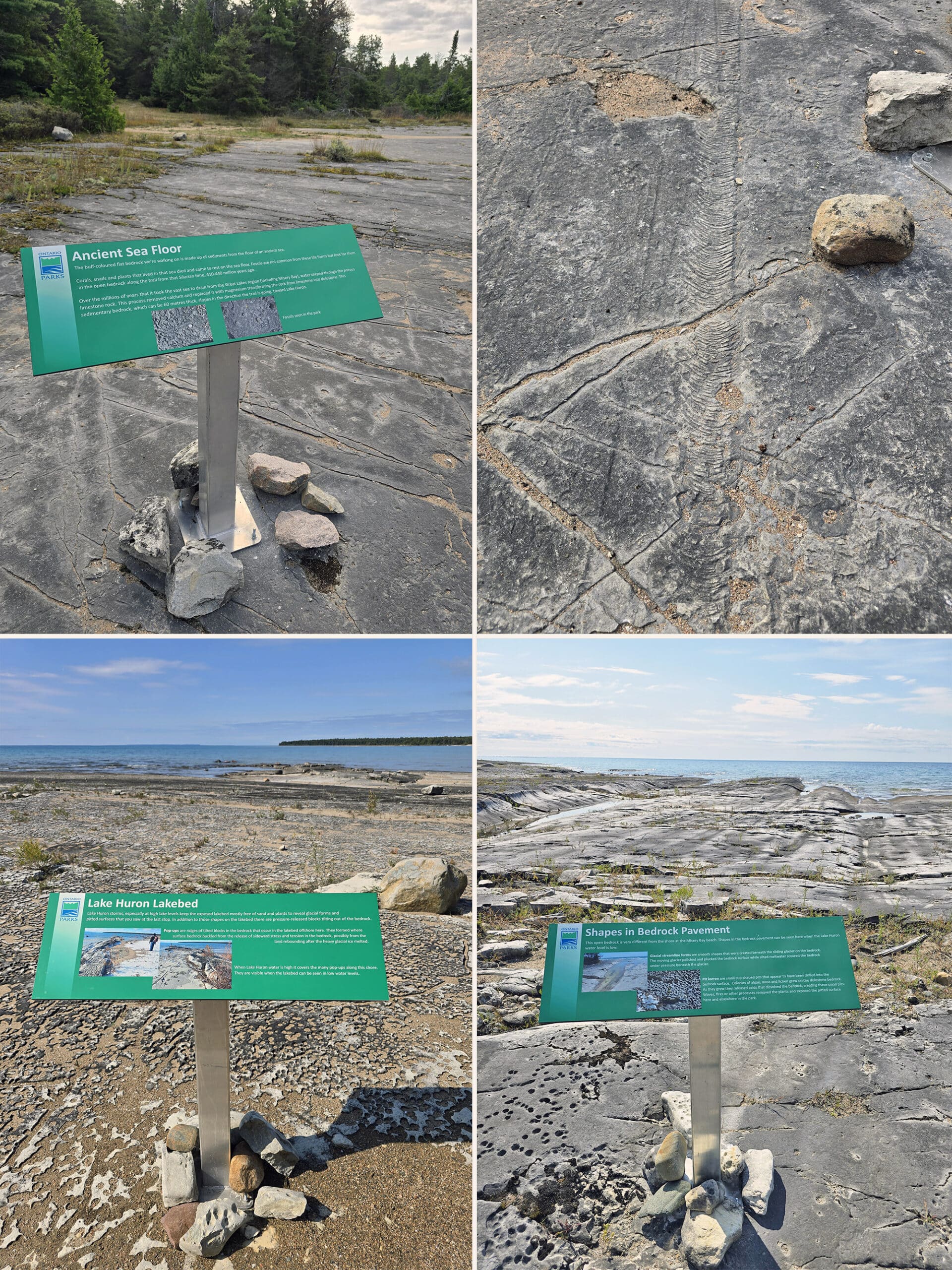 4 part image showing various educational signs with the Misery Bay Provincial Park rock formations they discuss.