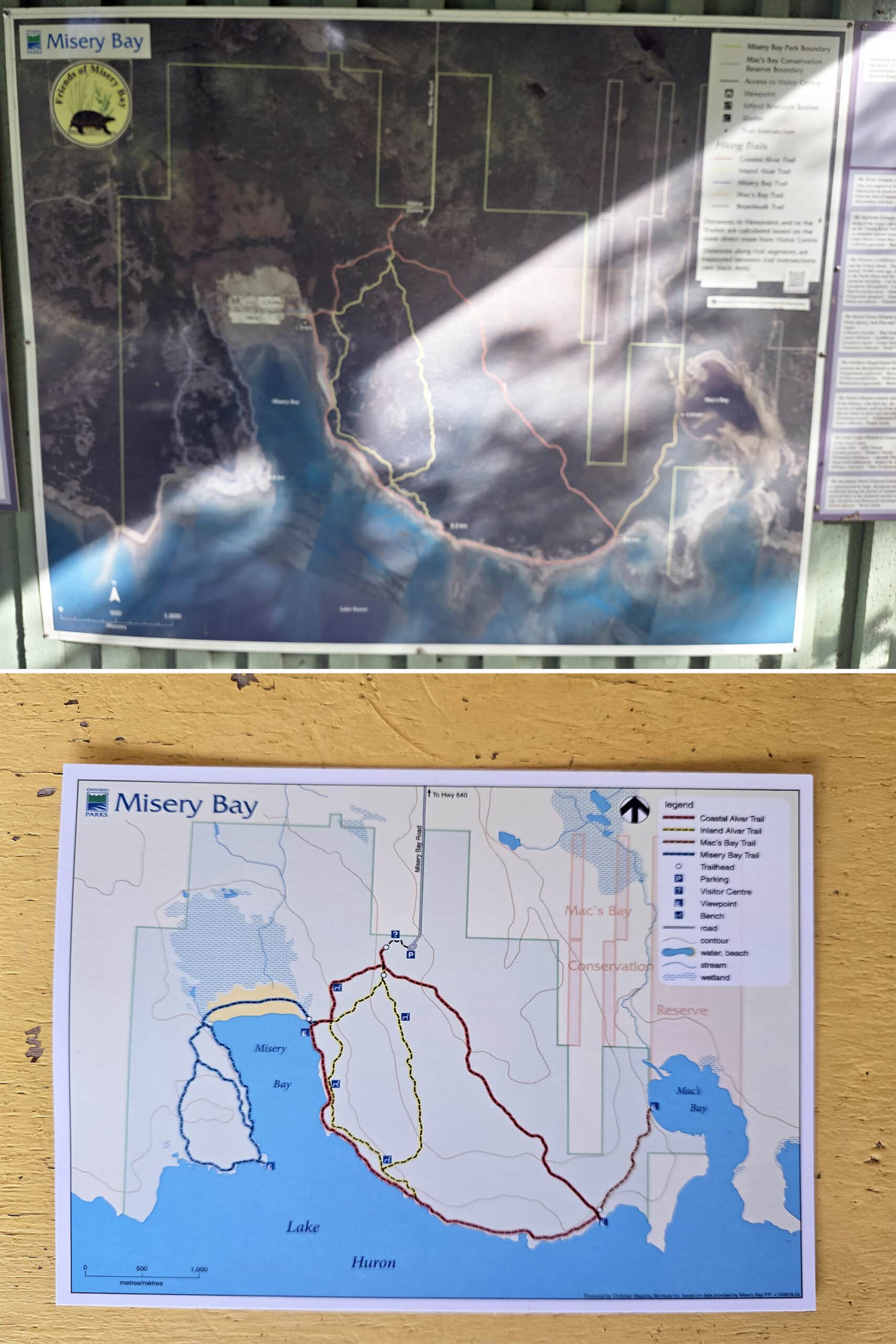 2 part image showing a large map poster, and a postcard map for Misery Bay Provincial Park.