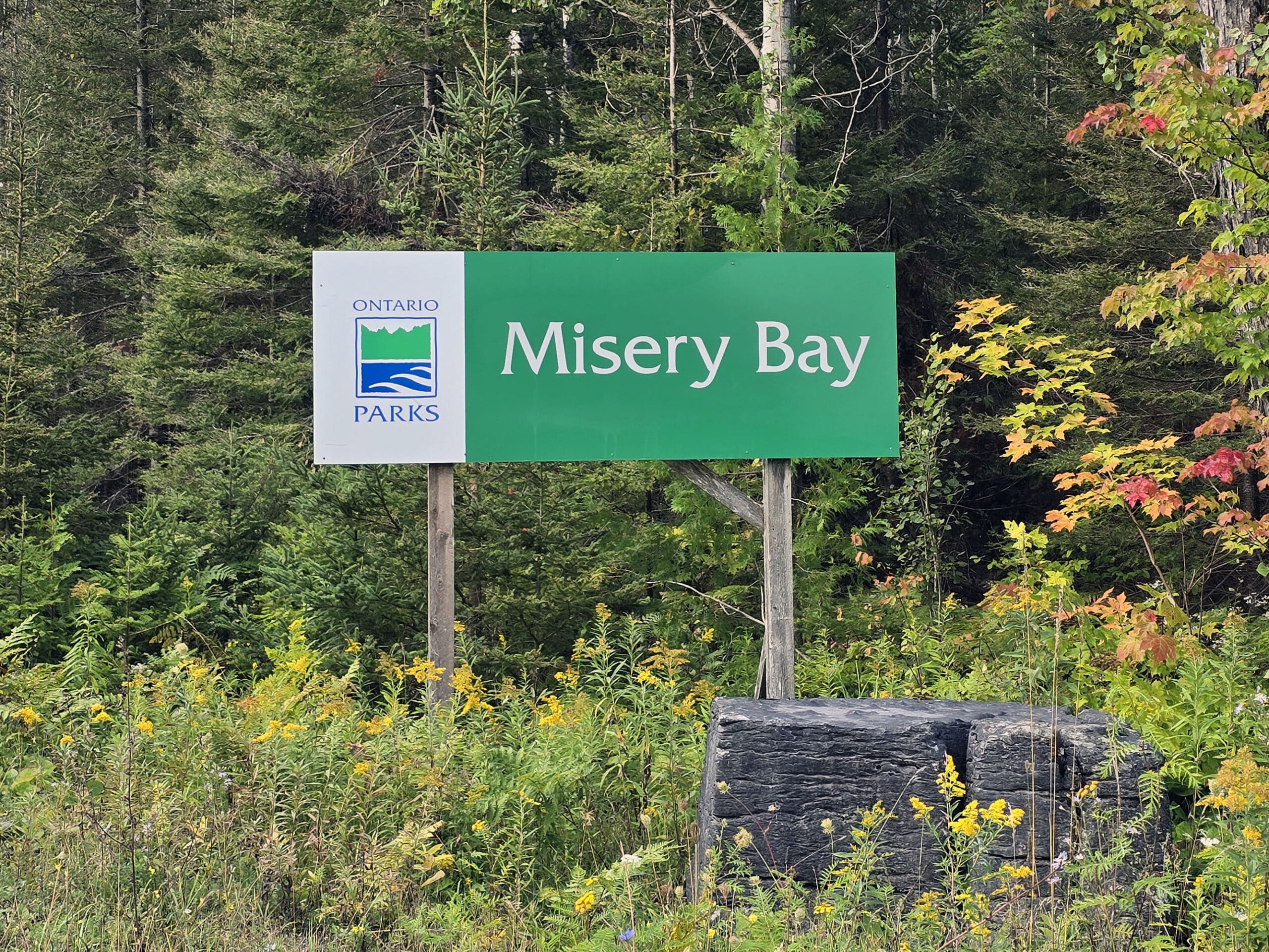 The Misery Bay Provincial Park road sign.